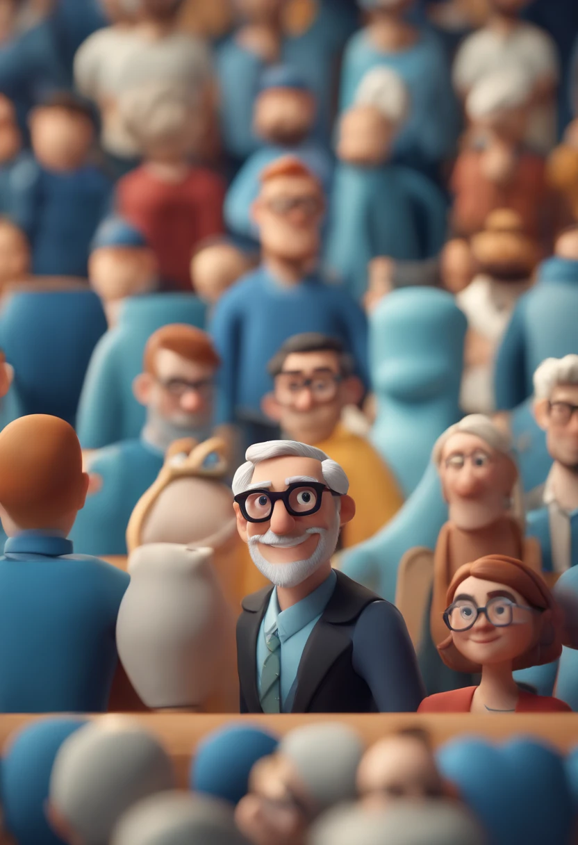 Cartoon character of a bearded man wearing black glasses and a blue shirt, um personagem animado, Caractere estilizado, animation style rendering, 3D estilizado, Arnold Maya render, 3 d render stylized, toon render keyshot, Personagem 3D, Personagem 3D, 3d rendering stylized, 3 d character render, personagem de desenho animado, Personagem de close up, Pose de personagem, (Estilo Pixar) (master part:1.2) (Bokeh) (best quality) (pele detalhada) (textura detalhada) (8k) (argila) (Cinematic lighting) (foco nítido，Senta e vaza a parte superior do corpo