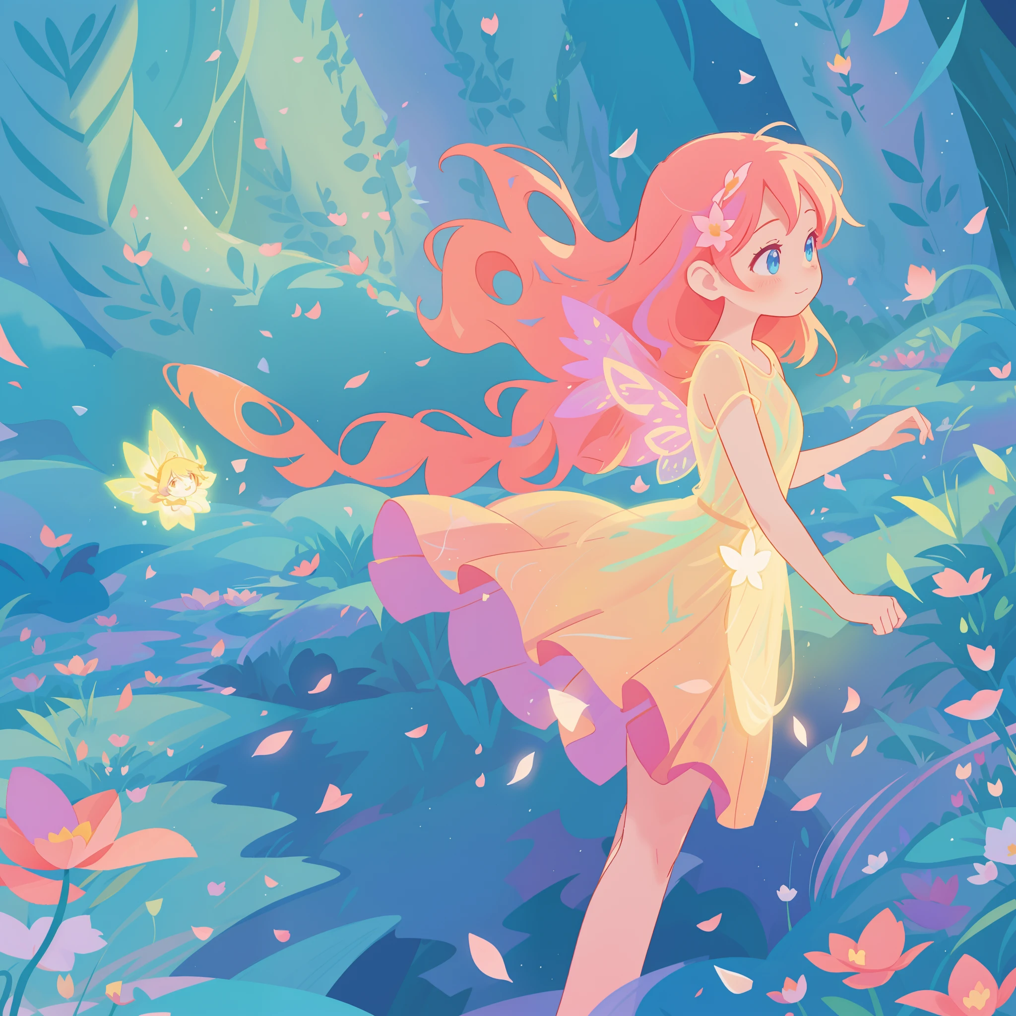 beautiful girl in tiered gradient ballgown dress, gradient colorful dress, ((layered flower petal skirt)), fairy dress, fairy queen, magical forest background, (glowing fairy wings), glowing flowing ballgown, long wavy hair, sparkling fairy wings, watercolor illustration, flowers and colorful plants, inspired by Glen Keane, inspired by Lois van Baarle, disney art style, by Lois van Baarle, glowing aura around her, by Glen Keane, jen bartel, glowing lights! digital painting, flowing glowing hair, glowing flowing hair, beautiful digital illustration, fantasia otherworldly landscape plants flowers, beautiful, masterpiece, best quality, anime disney style