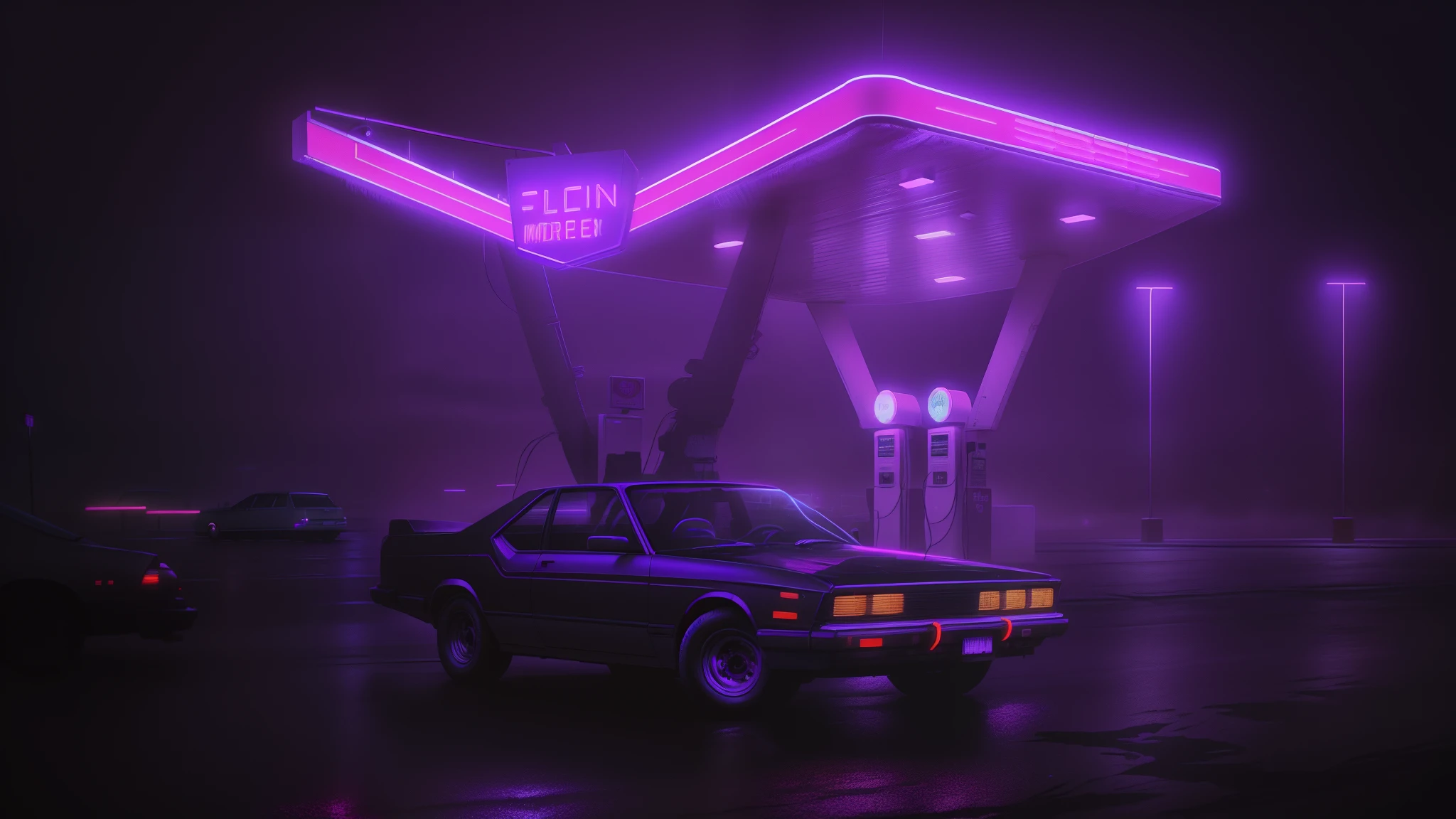 purple neons on a gas station at night with a car parked in front, neon fog, foggy neon night, misty neon lights, synthwave neon retrofuturism, mechanical features and neon, neon lit, synthwave aesthetic, neon dark lighting, artem demura beeple, dark cyberpunk neon atmosphere, dark retrowave, cinematic neon uplighting