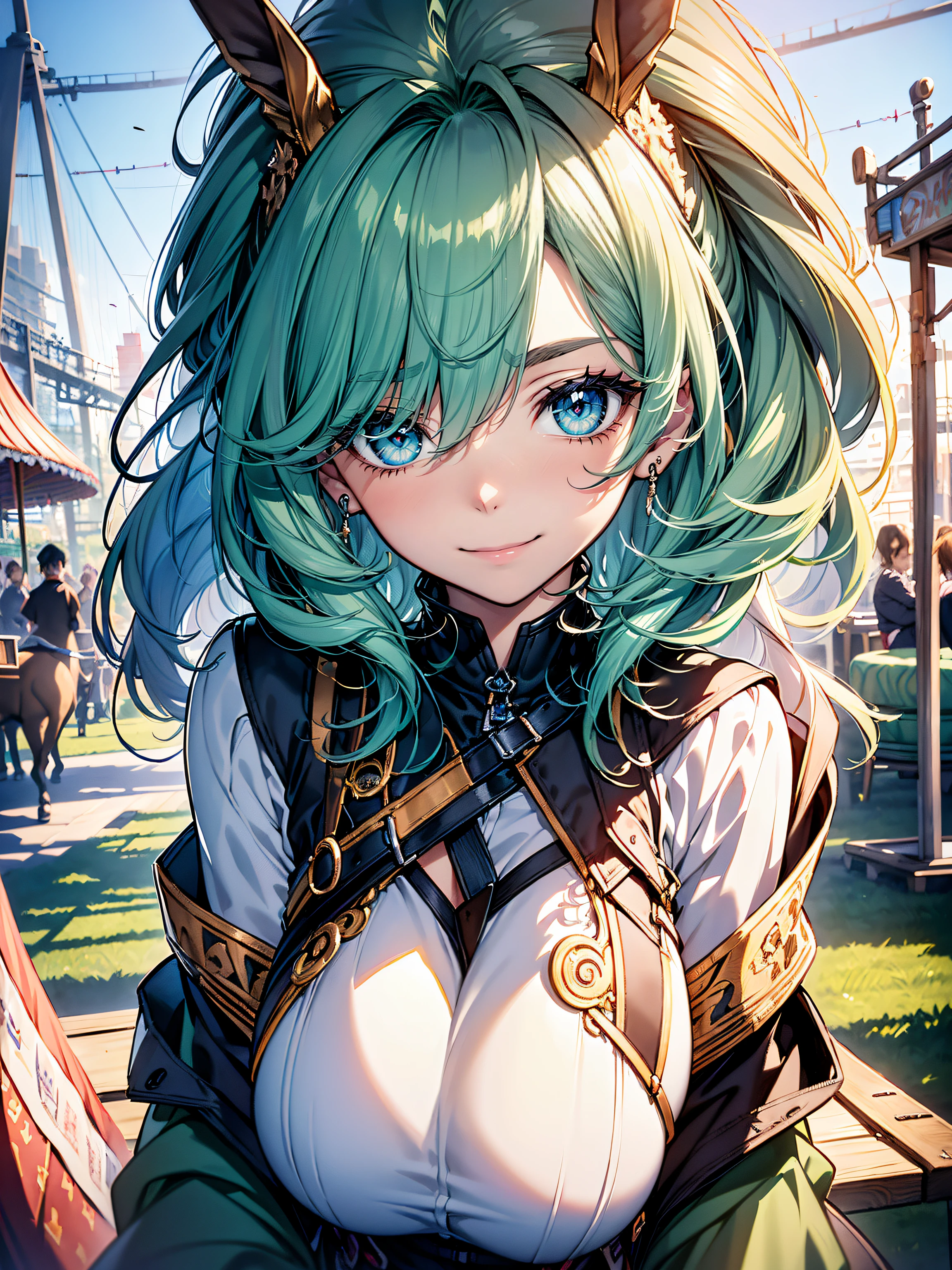 hiquality, hight resolution, ultra-detailliert, high-level image quality, hightquality, anime illustrated, (finely detailed beautiful eye: 1.2), Detailed eye depiction, (finely detailed eyes and detailed face:1.3), (extremely details CG, Best Shadow:1.1), Depth of field and blur, (Perfect Detail: 1.1) , digitial illustration, Enamel Art, Center, Watercolor painting, art stations, concept-art, character sheets, Lightning Wave, beautiful anime watercolors, Vibrant colors, Sharp Focus, art by:hyung tae kim, Fine detail, intricate detailes, Curvaceous body, Detailed eye depiction, Vibrant colors, ((Smiling while riding the merry-go-round, clinging to the horse, Ferris wheel in the background))