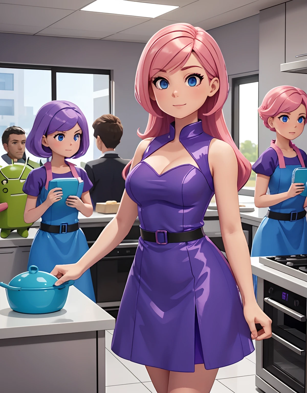 Mass-produced Android housewife assembly line, plastic skin, pink hair, blue eyes, purple dress