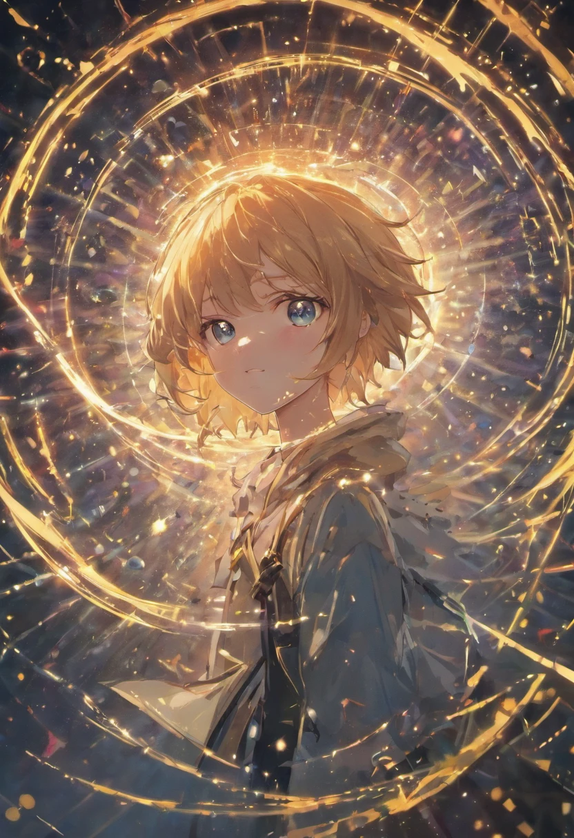 masterpiece, best quality, ultra-detailed, best shadow), (detailed background, dark fantasy), (beautiful detailed face), high contrast, (best lighting, extremely delicate and beautiful), ((cinematic light)), colorful , hyperdetail, dramatic light, (1 man, alone, black hair, sharp face, blue eyes, smiling, hair between eyes, dynamic angle), cosmic light rotating around character, depth of field, white particle light, ( broken glass), magic circle,
