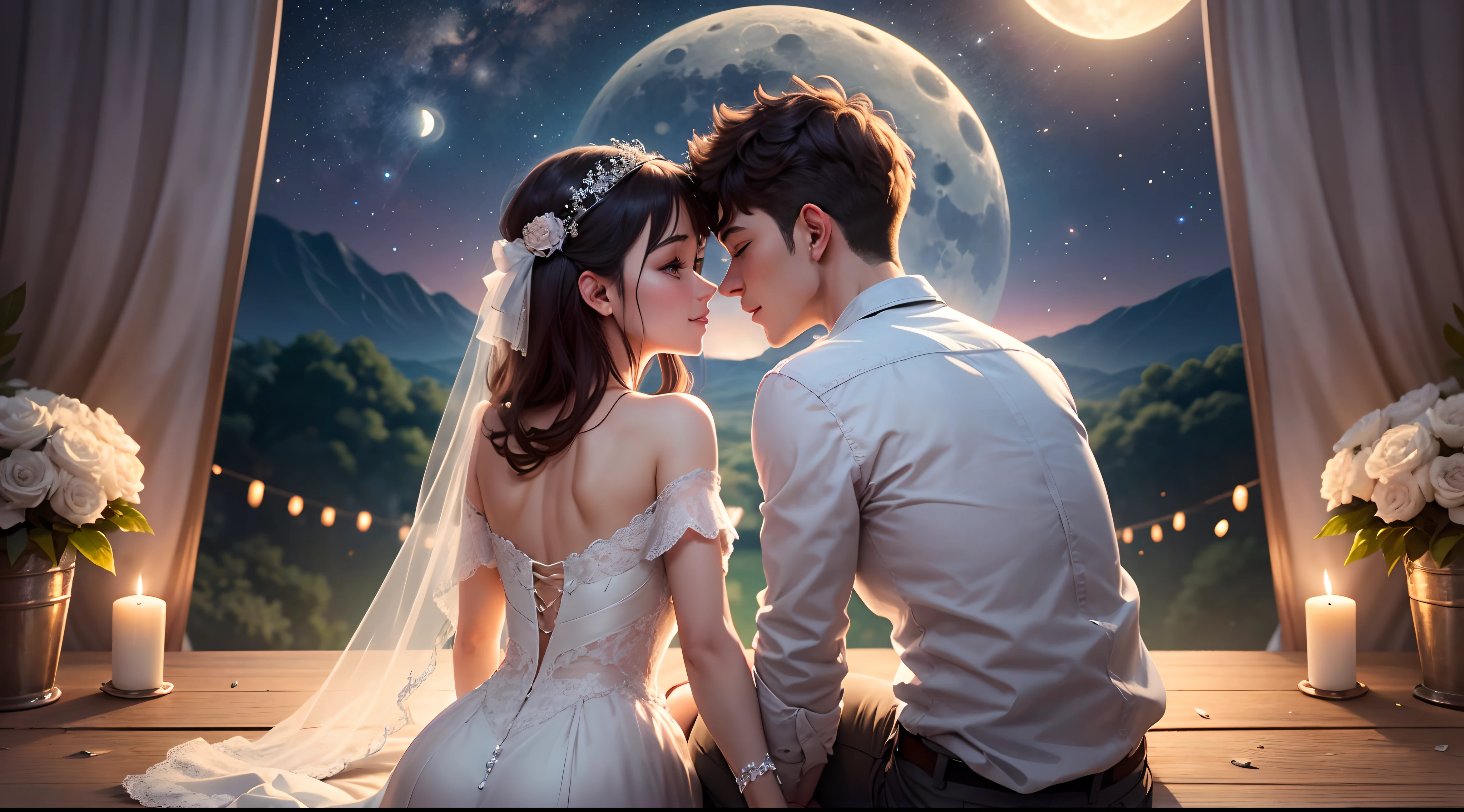 Romantic ancient style，night，Backlight，A man and a woman sitting on a tree branch，There is a full moon behind，Alexander，repeat，Fresh colors，Soft colors，Diode lamp，Concept art style，Extremely complex details，Clear distinction between light and dark，layered，Ultra HD