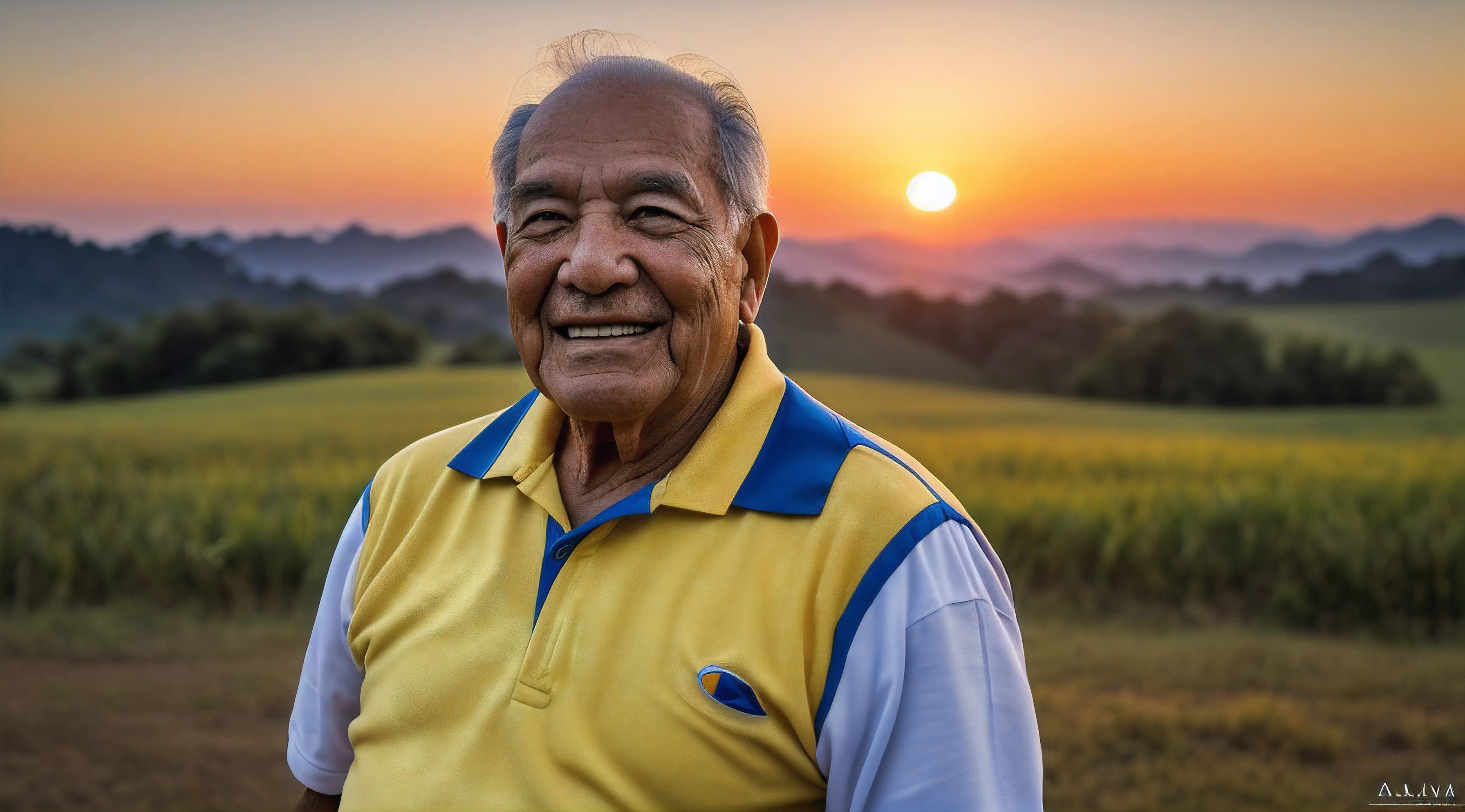 "(((Abuelo colombiano alegre en el amanecer))) - A captivating photorealistic photograph capturing the joy and serenity of a cheerful Colombian grandfather at sunrise. The image should be in high resolution (8K) to showcase every detail of the grandfather's happy expression and his entire body against the beautiful sunrise. Use a 70mm lens to focus on the grandfather and the surrounding environment, incorporating the vibrant colors of yellow, blue, and red.
The lighting should enhance the warm glow of the sunrise, creating a serene and peaceful atmosphere. The camera shot should be a full-body shot, allowing the viewer to connect with the grandfather's happiness and the beauty of the dawn.
Take inspiration from portrait photographers known for their ability to capture genuine emotions and the beauty of nature. The goal is to create a visually captivating photograph that celebrates the joy and serenity of a cheerful Colombian grandfather at the break of dawn."