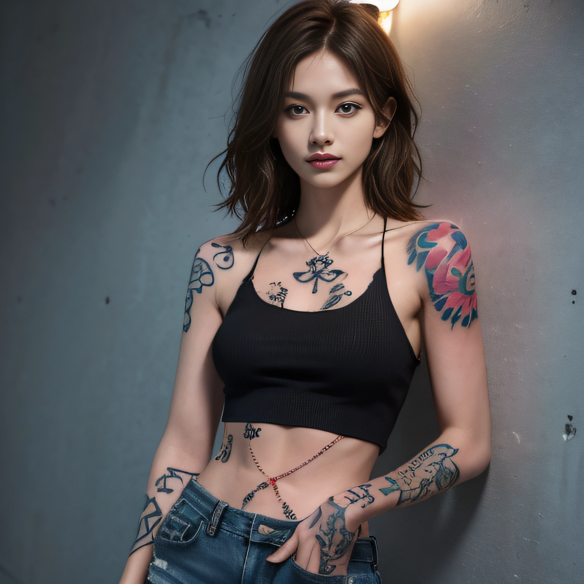 ((medium breasts⁩, tomgirl, small head)),  (Chiseled abs : 1.1), (Perfect body : 1.1), (short wavy hair : 1.2) , reddish brown hair, Collar, chain, Full body shot, crowdedstreets, wearing black tanktop, Jeans Jacket, (Torn clothes:1.3)((Shorts)), (Very detailed CG 8k wallpaper), (extremely delicate and beautiful), (masutepiece), (Best Quality:1.0), (超A high resolution:1.0),  Beautiful lighting ,Perfect Lightning, Realistic Shadows, [hight resolution], Detailed skin, Ultra-detailed (((Colorful))),(tattoo all:1.5),