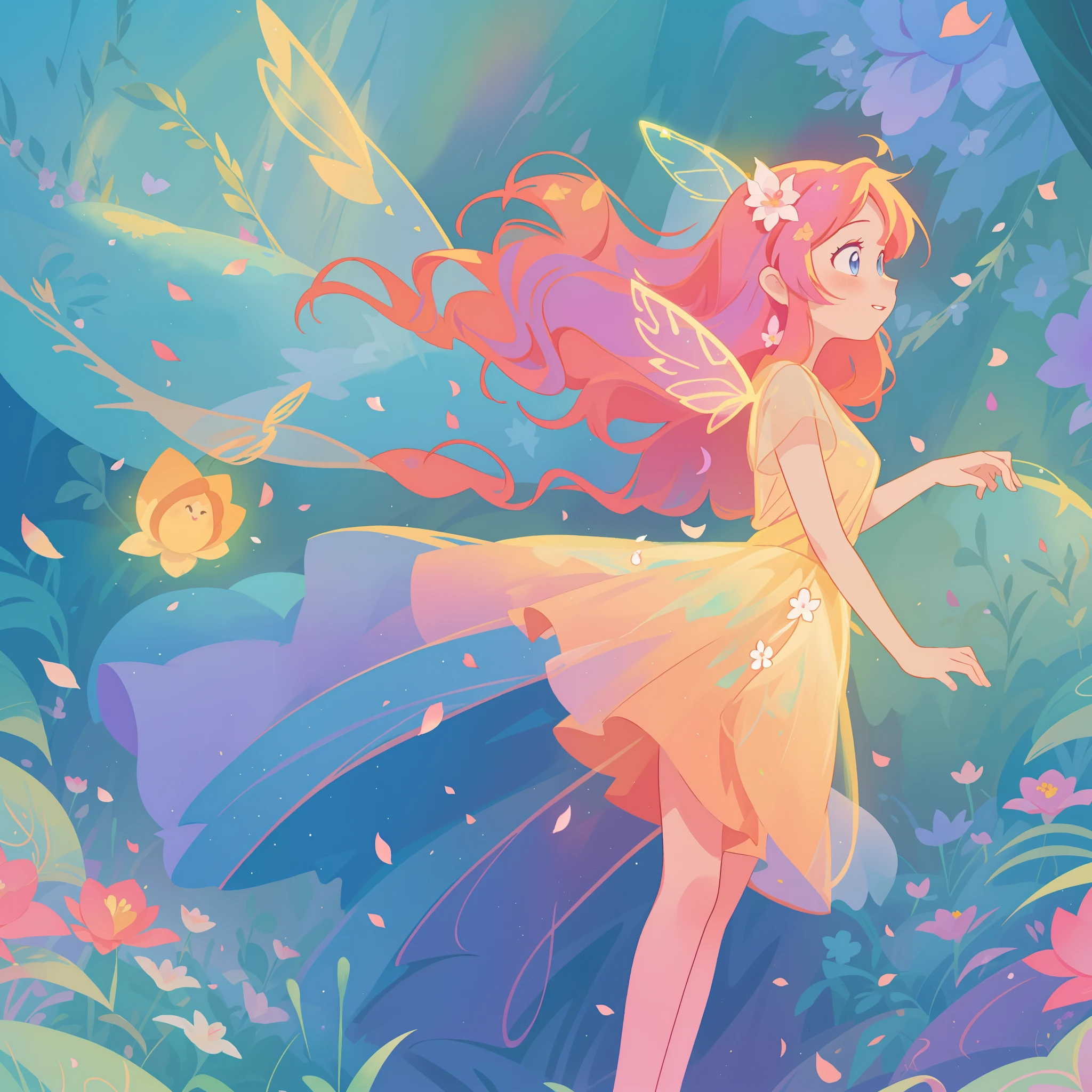 beautiful girl in tiered gradient ballgown dress, gradient colorful dress, ((layered flower petal skirt)), fairy dress, fairy queen, magical forest background, (glowing fairy wings), glowing flowing ballgown, long wavy hair, sparkling fairy wings, watercolor illustration, flowers and colorful plants, inspired by Glen Keane, inspired by Lois van Baarle, disney art style, by Lois van Baarle, glowing aura around her, by Glen Keane, jen bartel, glowing lights! digital painting, flowing glowing hair, glowing flowing hair, beautiful digital illustration, fantasia otherworldly landscape plants flowers, beautiful, masterpiece, best quality, anime disney style