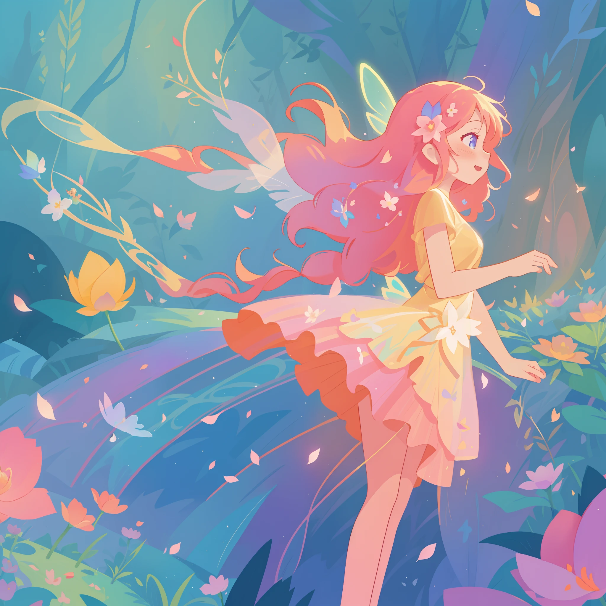 beautiful girl in tiered gradient ballgown dress, gradient colorful dress, ((layered flower petal skirt)), fairy dress, fairy queen, magical forest background, (glowing fairy wings), glowing flowing ballgown, long wavy hair, sparkling fairy wings, watercolor illustration, flowers and colorful plants, inspired by Glen Keane, inspired by Lois van Baarle, disney art style, by Lois van Baarle, glowing aura around her, by Glen Keane, jen bartel, glowing lights! digital painting, flowing glowing hair, glowing flowing hair, beautiful digital illustration, fantasia otherworldly landscape plants flowers, beautiful, masterpiece, best quality, anime disney style