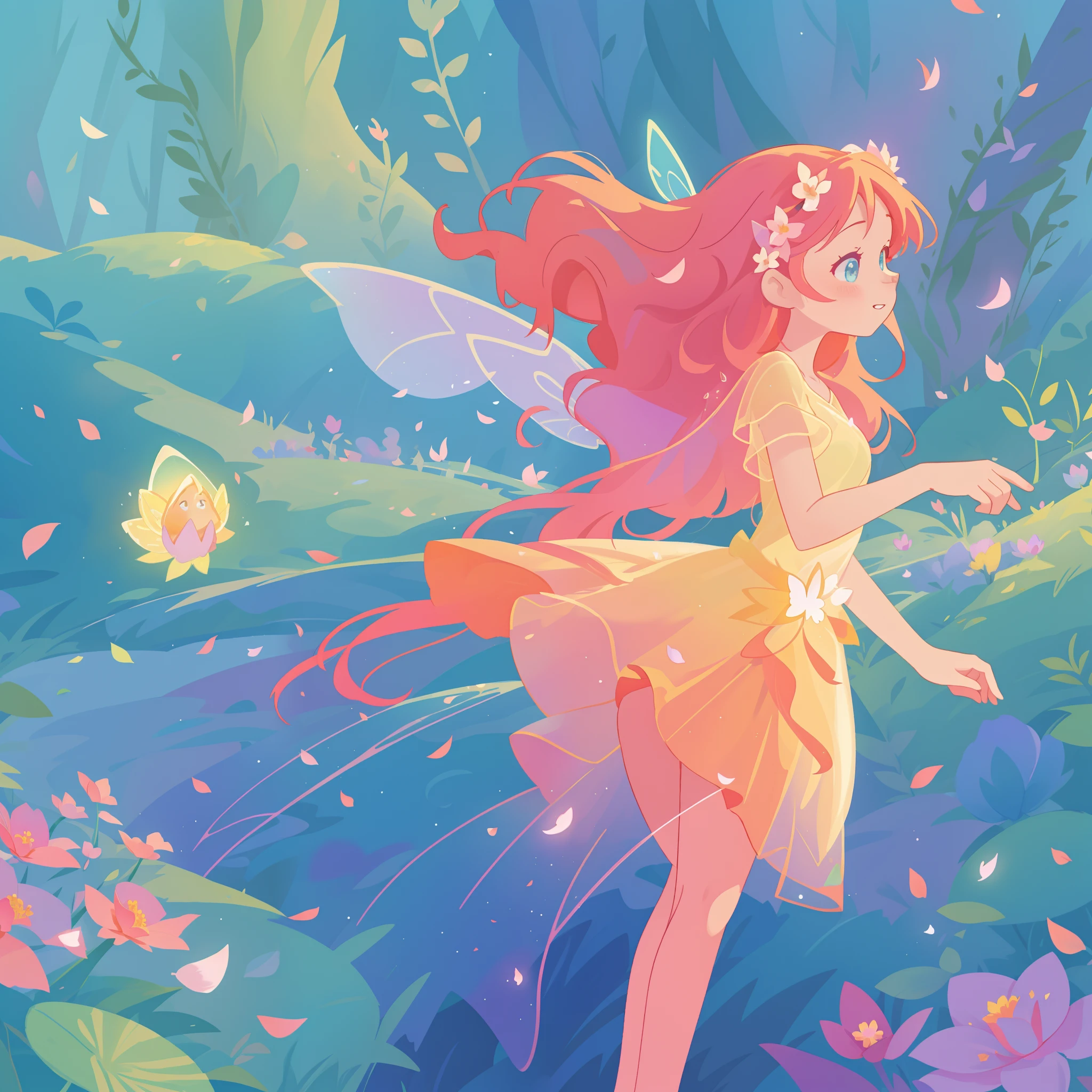 beautiful girl in tiered gradient ballgown dress, gradient colorful dress, ((layered flower petal skirt)), fairy dress, fairy queen, magical forest background, (glowing fairy wings), glowing flowing ballgown, long wavy hair, sparkling fairy wings, watercolor illustration, flowers and colorful plants, inspired by Glen Keane, inspired by Lois van Baarle, disney art style, by Lois van Baarle, glowing aura around her, by Glen Keane, jen bartel, glowing lights! digital painting, flowing glowing hair, glowing flowing hair, beautiful digital illustration, fantasia otherworldly landscape plants flowers, beautiful, masterpiece, best quality, anime disney style