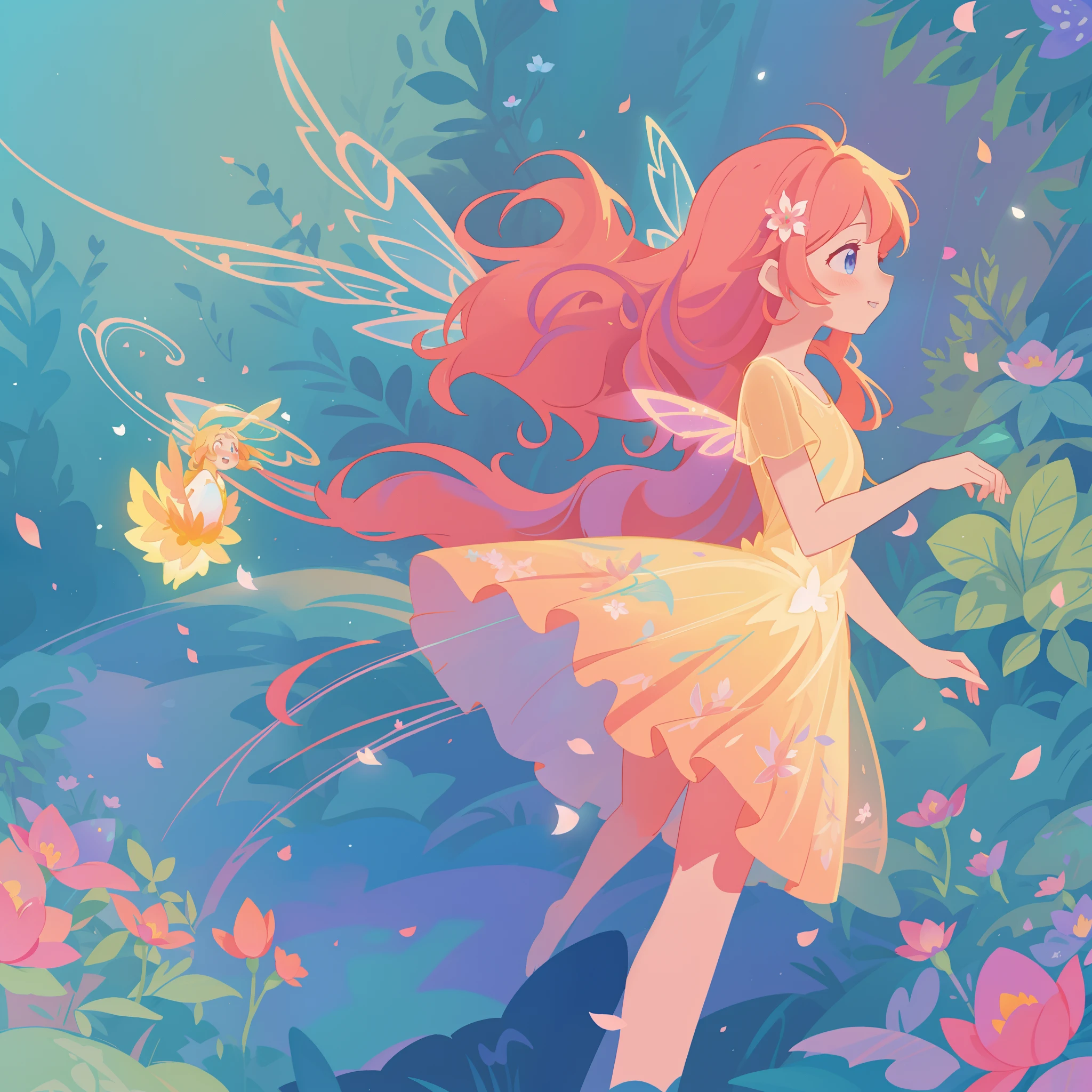 beautiful girl in tiered gradient ballgown dress, gradient colorful dress, ((layered flower petal skirt)), fairy dress, fairy queen, magical forest background, (glowing fairy wings), glowing flowing ballgown, long wavy hair, sparkling fairy wings, watercolor illustration, flowers and colorful plants, inspired by Glen Keane, inspired by Lois van Baarle, disney art style, by Lois van Baarle, glowing aura around her, by Glen Keane, jen bartel, glowing lights! digital painting, flowing glowing hair, glowing flowing hair, beautiful digital illustration, fantasia otherworldly landscape plants flowers, beautiful, masterpiece, best quality, anime disney style
