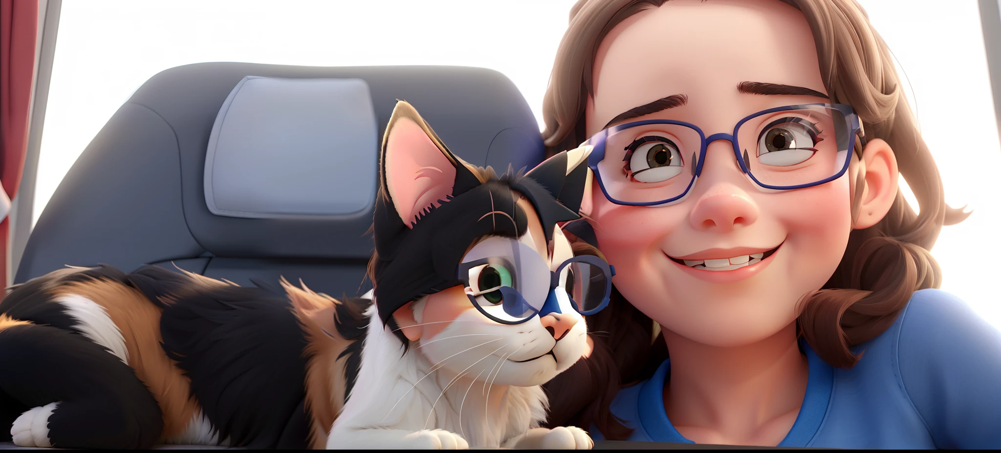Happy young girl wearing glasses,com sua gatinha tricolor