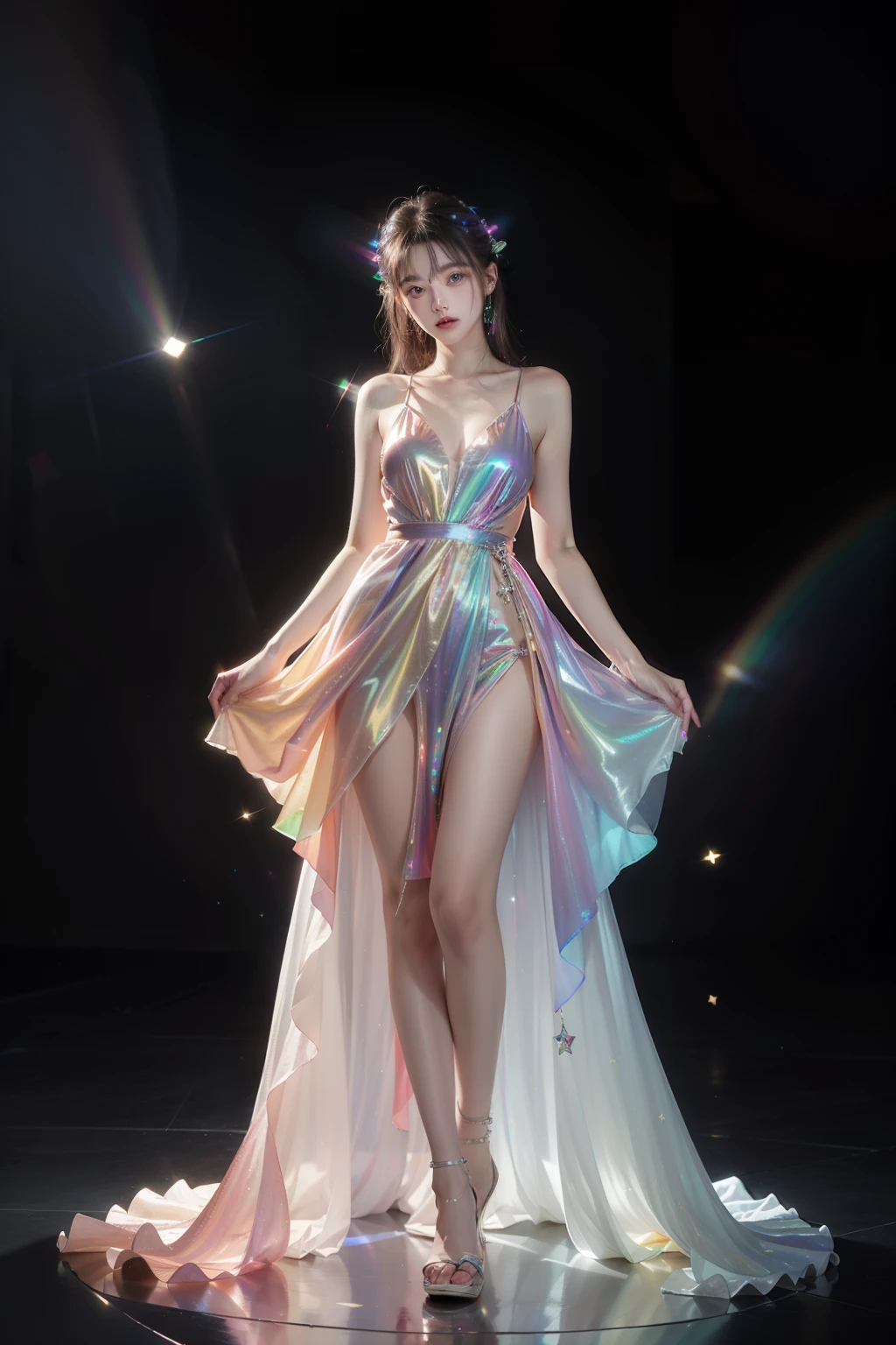 masterpiece, best quality,highres, 1 woman, adult, long hair. look_at_viewer, tall, perfect stature, liuli, bangs, chromatic dispersion, tansparent_plastic, Polychromatic prism effect, iridescence/opalescence, glowing colors, aluminum foil, Glowing ambiance,, stars in the eyes, iridescence, coloured glaze, Polychromatic prism effect, rainbowcore, iridescence/opalescence, glowing ambiance, beautiful long dress, fashion show. The dress covered her legs