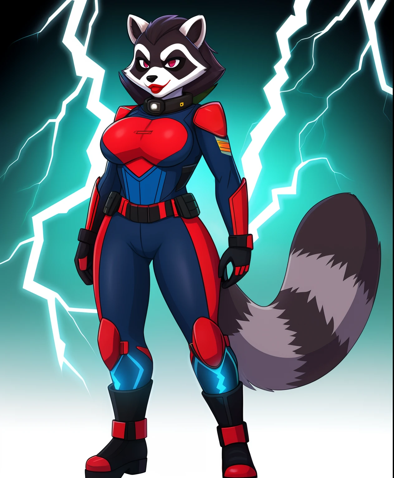 Thunderclap the female raccoon supervillain, electricity supersuit, red lipstick, full body view