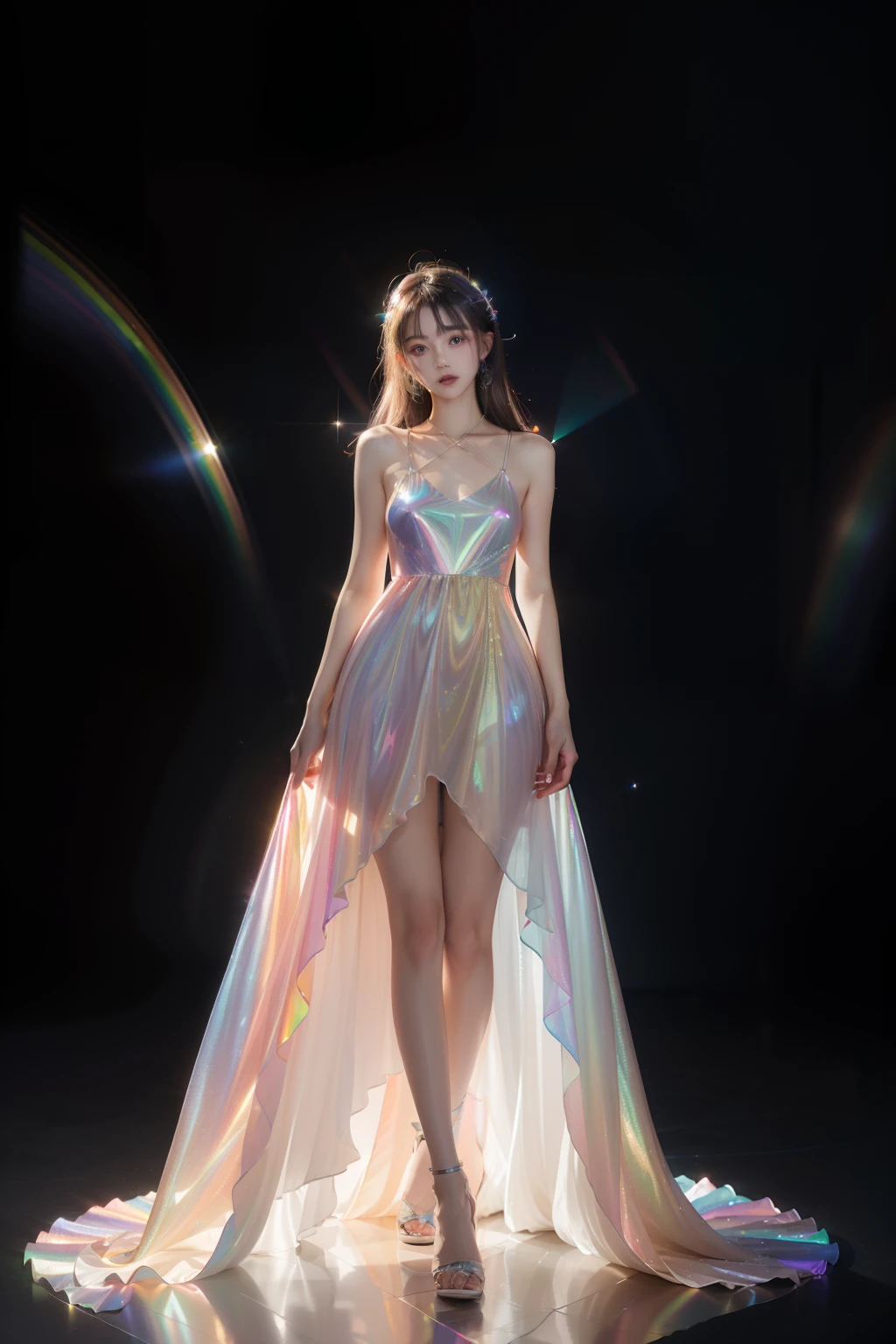 masterpiece, best quality,highres, 1 woman, adult, long hair. look_at_viewer, tall, perfect stature, liuli, bangs, chromatic dispersion, tansparent_plastic, Polychromatic prism effect, iridescence/opalescence, glowing colors, aluminum foil, Glowing ambiance,, stars in the eyes, iridescence, coloured glaze, Polychromatic prism effect, rainbowcore, iridescence/opalescence, glowing ambiance, beautiful long dress, fashion show. The dress covered her legs