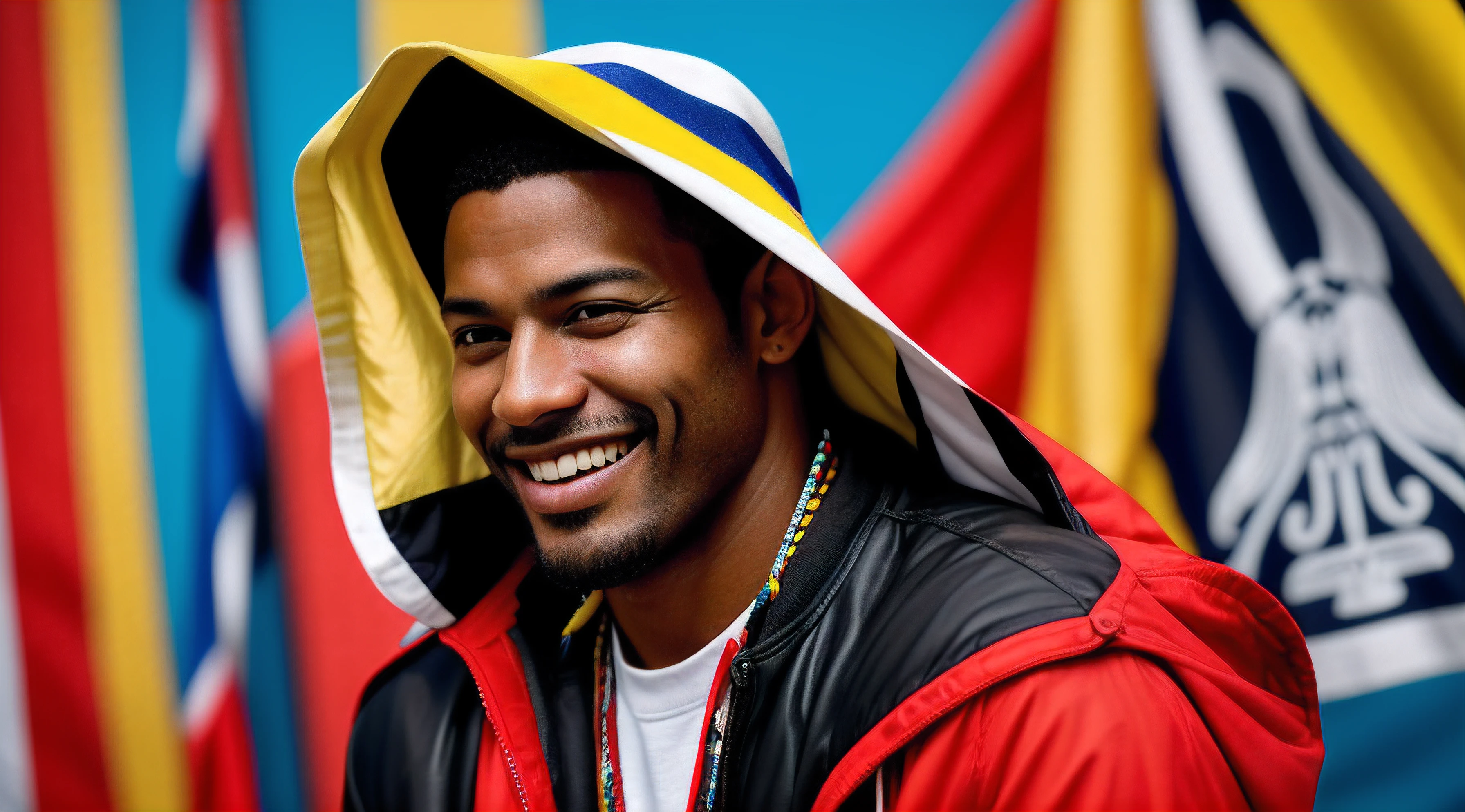 "(((Hombre negro colombiano))) - A captivating photorealistic photograph capturing the joy and vibrancy of a cheerful Colombian Black man. The image should be in high resolution (8K) to showcase every detail of his cheerful expression and the colorful elements around him. Use a 70mm lens to focus on the man while also incorporating the vibrant colors of yellow, blue, and red in the background.
The lighting should enhance the warmth of his smile and the vividness of the colors. The camera shot should be a medium close-up, allowing the viewer to connect with the man's joyful personality.
Take inspiration from portrait photographers known for their ability to capture genuine emotions and cultural diversity. The goal is to create a visually captivating photograph that celebrates the happiness and cultural richness of a Colombian Black man, with the colors of yellow, blue, and red adding to the lively atmosphere."