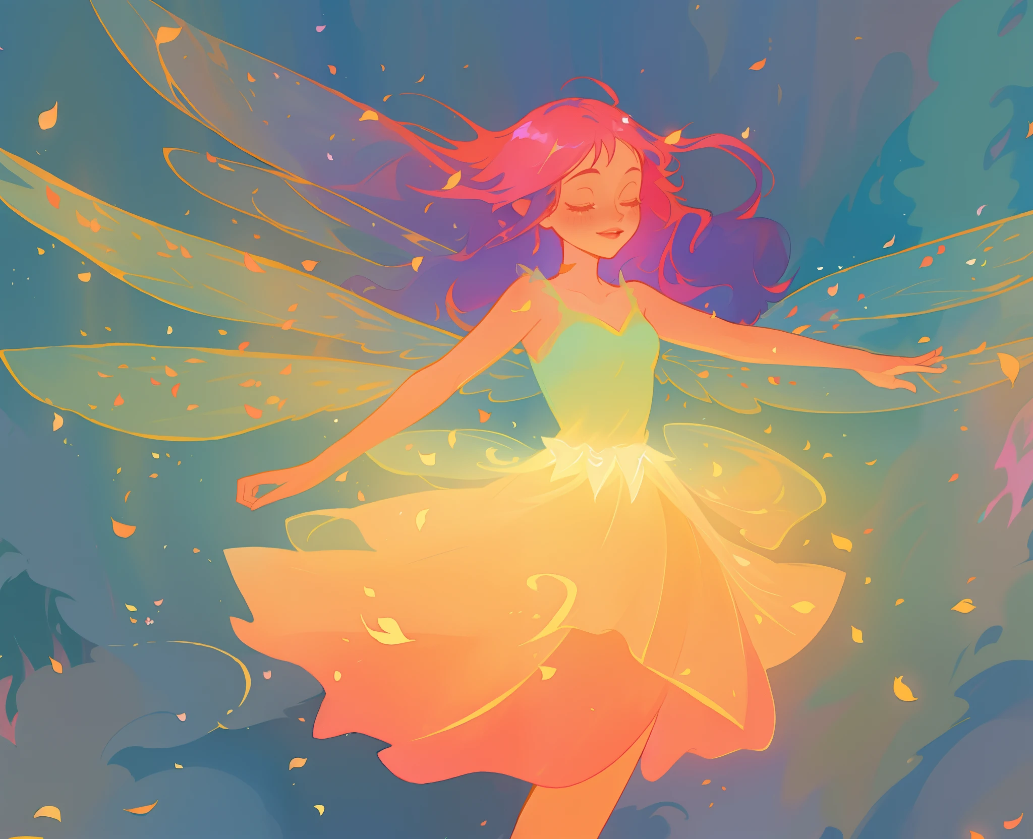 beautiful girl in tiered gradient ballgown dress, gradient warm color ballgown, ((layered flower petal skirt)), fairy dress, fairy queen, magical forest background, (glowing fairy wings), glowing flowing ballgown, long wavy hair, sparkling fairy wings, watercolor illustration, flowers and colorful plants, inspired by Glen Keane, inspired by Lois van Baarle, disney art style, by Lois van Baarle, glowing aura around her, by Glen Keane, jen bartel, glowing lights! digital painting, flowing glowing hair, glowing flowing hair, beautiful digital illustration, fantasia otherworldly landscape plants flowers, beautiful, masterpiece, best quality, anime disney style