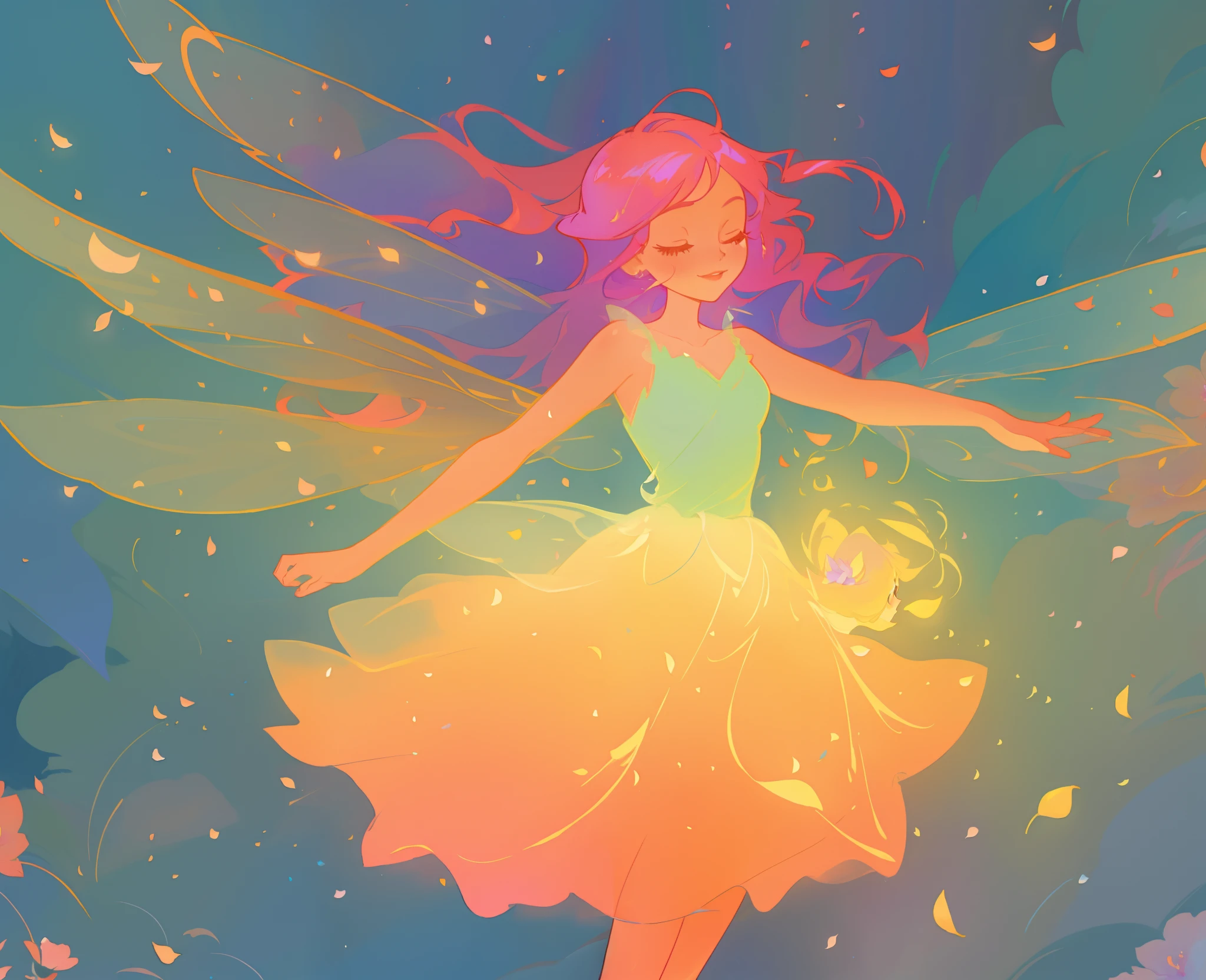 beautiful girl in tiered gradient ballgown dress, gradient warm color ballgown, ((layered flower petal skirt)), fairy dress, fairy queen, magical forest background, (glowing fairy wings), glowing flowing ballgown, long wavy hair, sparkling fairy wings, watercolor illustration, flowers and colorful plants, inspired by Glen Keane, inspired by Lois van Baarle, disney art style, by Lois van Baarle, glowing aura around her, by Glen Keane, jen bartel, glowing lights! digital painting, flowing glowing hair, glowing flowing hair, beautiful digital illustration, fantasia otherworldly landscape plants flowers, beautiful, masterpiece, best quality, anime disney style