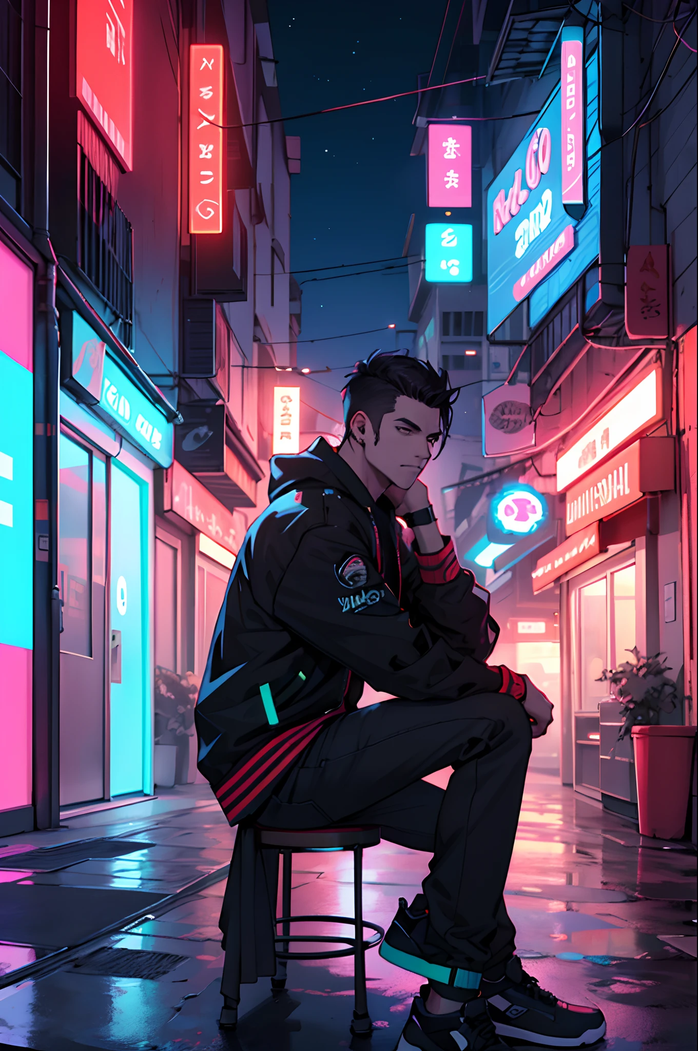 Hombre con chaqueta roja y auriculares rojos, Sitting on the terrace at night with neon lights backdrop