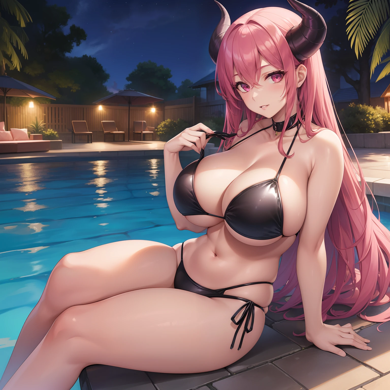 Masterpiece, best quality, (((((Solo mature woman))))), pink hair, facing camera, (pink eyes), large chest, seductive smile, (((wide hips and big boobs))) curvy physique, cleavage, (dark night outside), in a backyard, (sitting in a pool), (((wearing a black shiny two piece bikini)), ((very shiny skin)), beautiful eyes, perfect hands, (full lips), ((mature woman)), beautiful legs, demon horns, [alice], [janet], milf, ((adult))