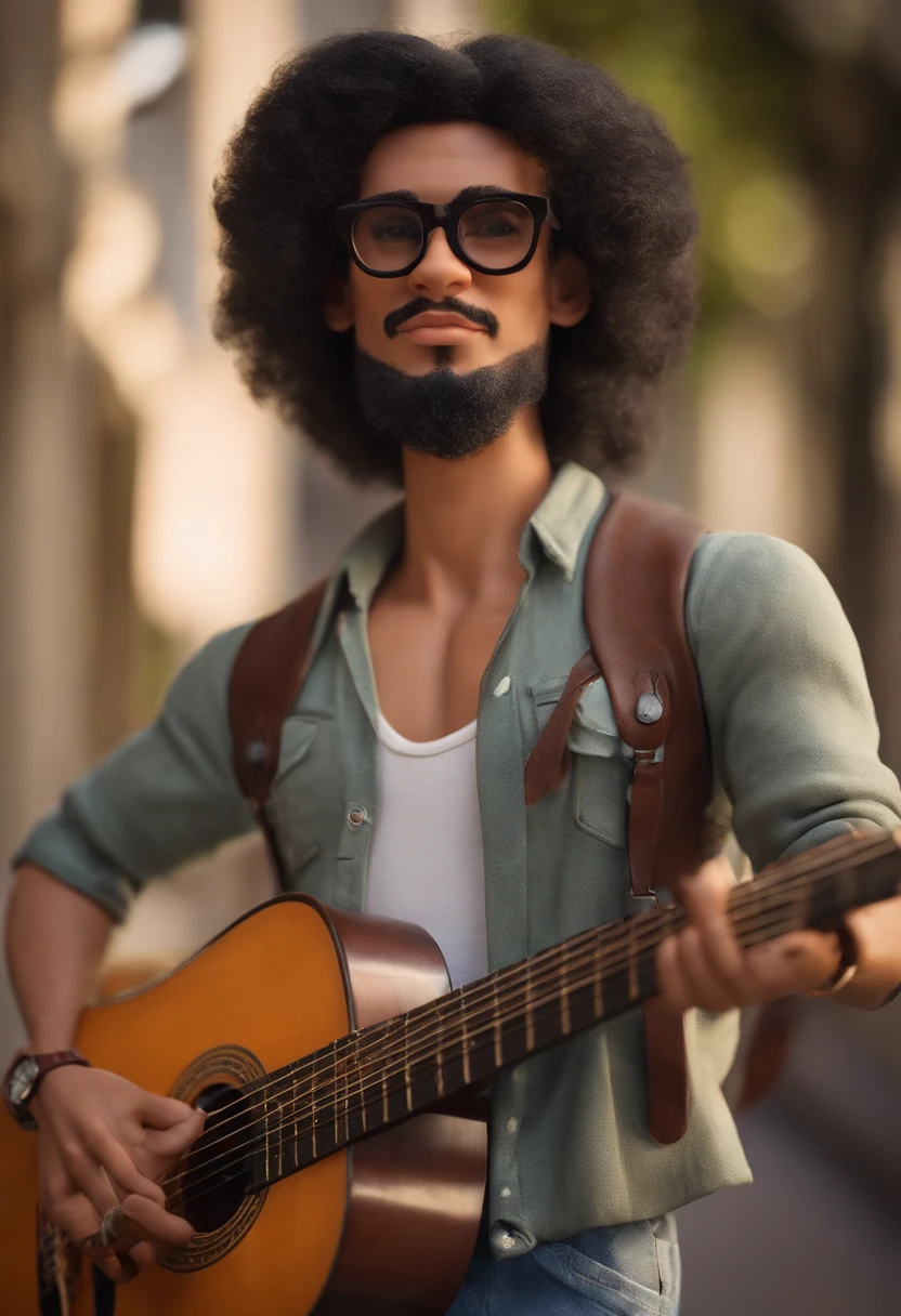 crie um banner no estilo Pixar. A man with Brazilian features, branco com cabelos curtos, Castanhos escuros, Appearance: Tuft and black square glasses, mas jovem, usando uma camiseta, Wearing jeans and holding a classical guitar with 7 strings.