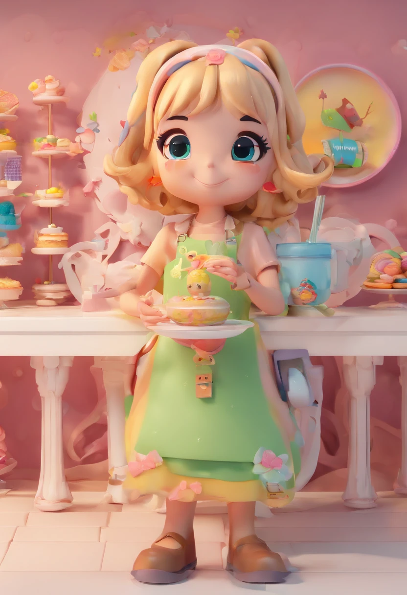 master part, altamente detalhado, (Chibi:1.3), , (1girl), blonde hair, pastels colors, ambiente aconchegante, vitrine de sobremesa, buds, CupBolos, Tortas, Bolos, coffee machine, menu de quadro-negro, natural lighting, frascos de vidro cheios de doces, vidros foscos, placas decorativas, whimsical decoration, Sugar sculptures,
