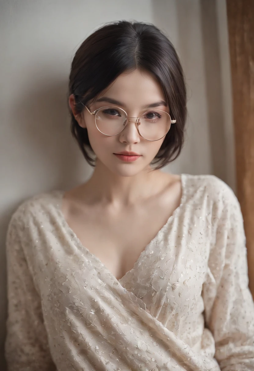 Raw photo, Full body photo of Cecilia Deo 1SD,Black hair, Long Pixie Haircut, pale skin, Slim body, background at room, s Pajamas,eye glasses, (High detailed skin:1.2), 8K UHD, Digital SLR, Soft lighting, High quality, Film grain, FUJI XT3
