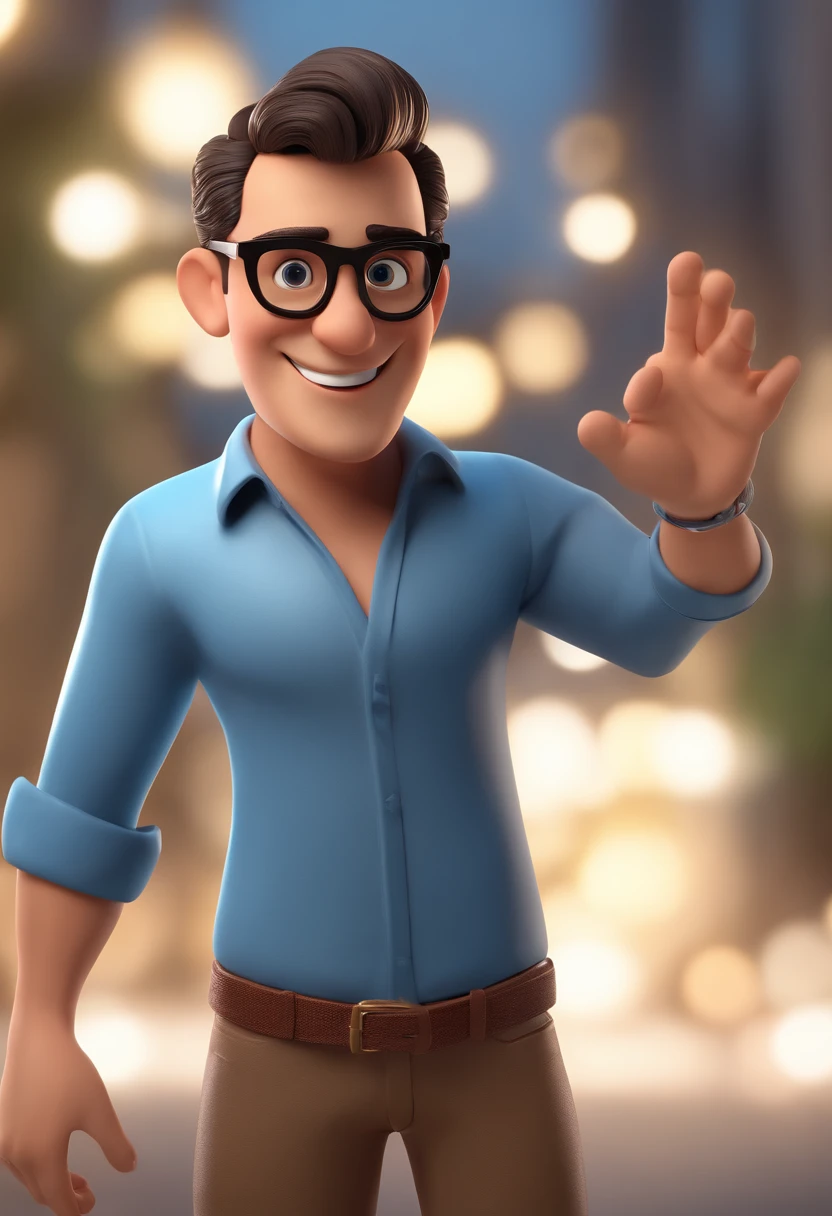 Cartoon character of a man with black glasses and a blue shirt, animation character, Caractere estilizado, animation style rendering, 3D estilizado, Arnold Maya render, 3 d render stylized, toon render keyshot, Personagem 3D, Personagem 3D, 3d rendering stylized, 3 d character render, personagem de desenho animado, Personagem de close up, Pose de personagem, (Estilo Pixar) (master part:1.2) (Bokeh) (best quality) (pele detalhada) (textura detalhada) (8k) (argila) (Cinematic lighting) (foco nítido), The character is an event producer and is at a corporate event