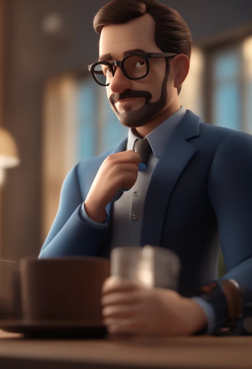 Cartoon character of a man with black glasses and a blue shirt, animation character, Caractere estilizado, animation style rendering, 3D estilizado, Arnold Maya render, 3 d render stylized, toon render keyshot, Personagem 3D, Personagem 3D, 3d rendering stylized, 3 d character render, personagem de desenho animado, Personagem de close up, Pose de personagem, (Estilo Pixar) (master part:1.2) (Bokeh) (best quality) (pele detalhada) (textura detalhada) (8k) (argila) (Cinematic lighting) (foco nítido), The character is an event producer and is at a corporate event