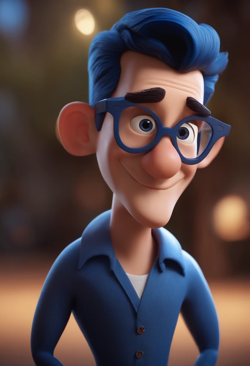 Cartoon character of a man with black glasses and a blue shirt, animation character, Caractere estilizado, animation style rendering, 3D estilizado, Arnold Maya render, 3 d render stylized, toon render keyshot, Personagem 3D, Personagem 3D, 3d rendering stylized, 3 d character render, personagem de desenho animado, Personagem de close up, Pose de personagem,  (Estilo Pixar) (master part:1.2) (Bokeh) (best quality) (pele detalhada) (textura detalhada) (8k) (argila) (Cinematic lighting) (foco nítido