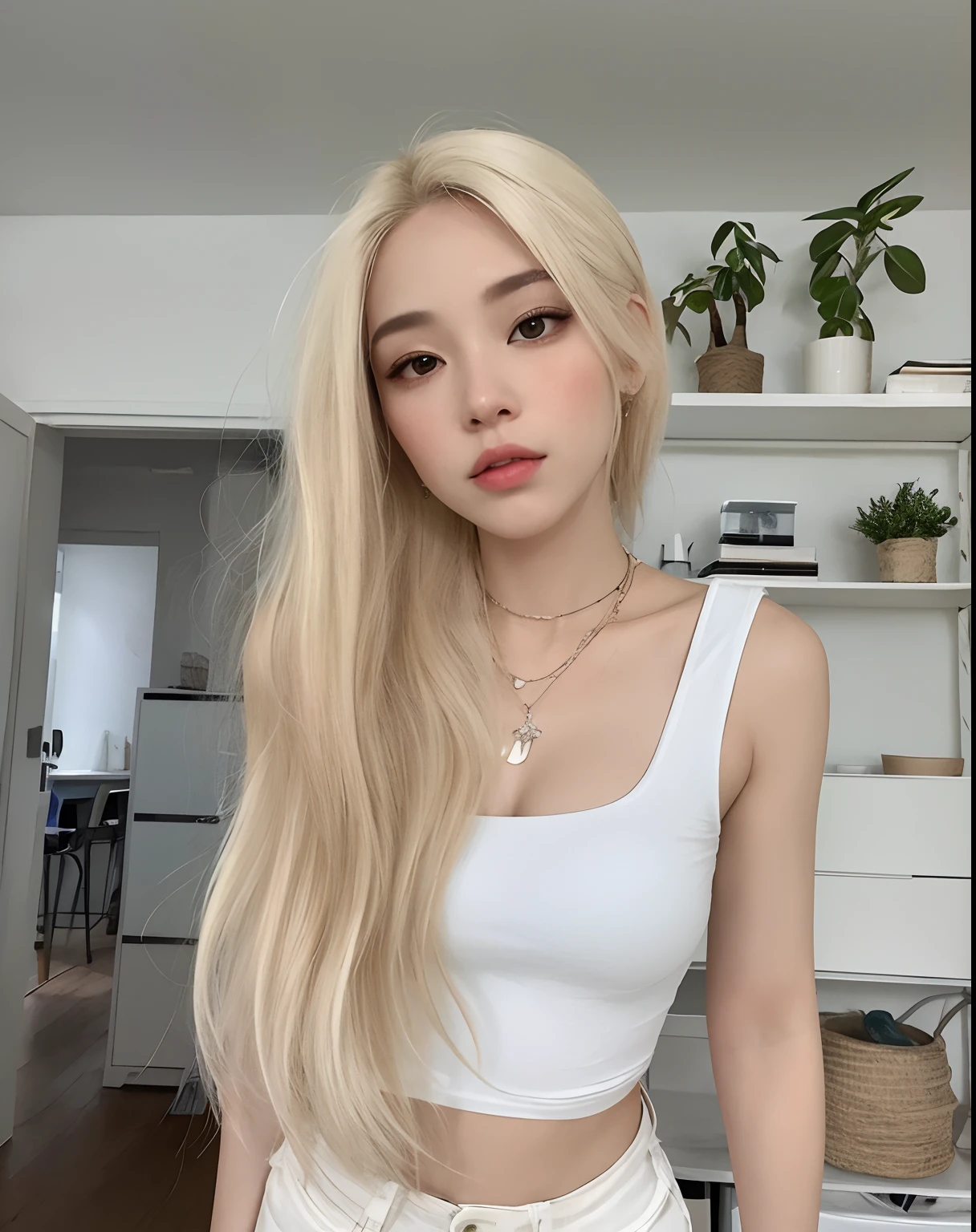 Mulher loira com cabelo longo vestindo top branco e jeans na cozinha, com cabelos longos brancos, her hair is white, com longos cabelos brancos, extremely pale blond hair, very very pale blond hair, com longos cabelos loiros, ava max, uma menina com cabelo loiro, branco hime corte penteado, com cabelos longos, Asian girl with long hair, com cabelos loiros muito longos