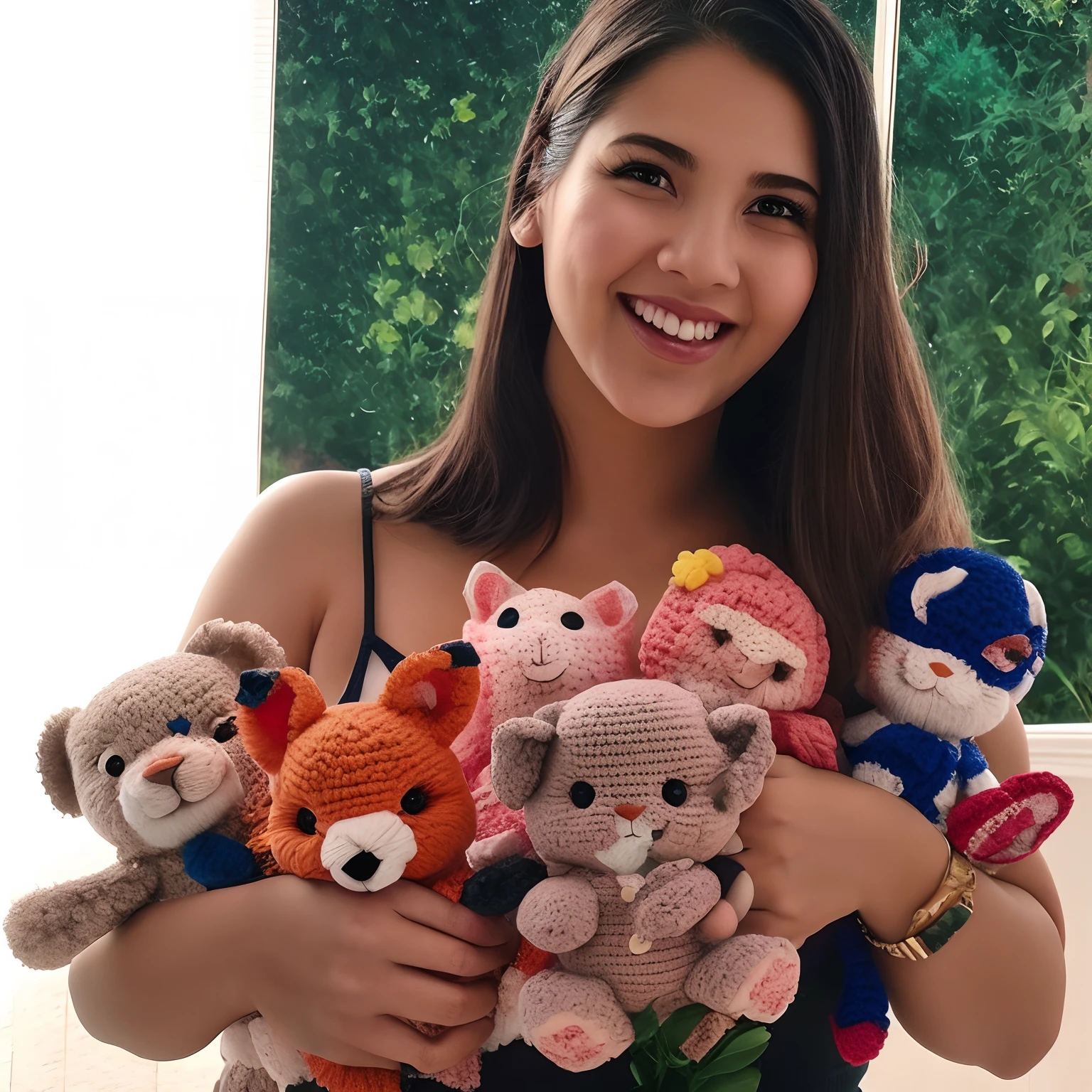 Woman holding a bunch of stuffed animals in her hands, a mulher segura mais brinquedos, Amigurumi, Directed by: Emma Rios, by Amelia Peláez, Crochet, Monika, Directed by: Veronica Ruiz de Velasco, by Maria Helena Vieira da Silva, Jenna Barton, Directed by: CeFerí Olivé, Liana, Directed by: Natasha Tan