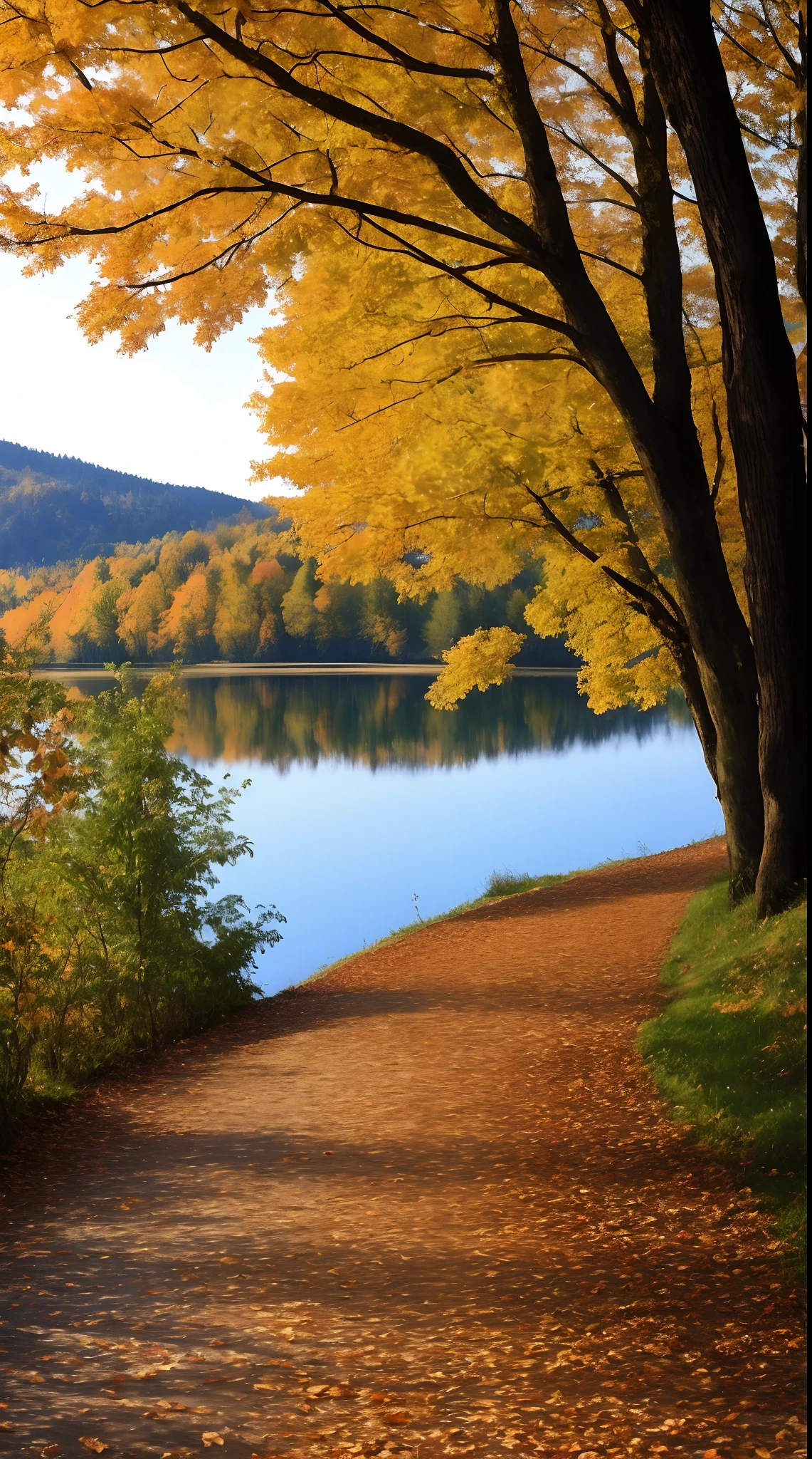 Path leading to a lake with a tree in the background, stunning nature in the background, leading to a beautiful, nature wallpaper, Trampolines, really beautiful nature, Nature landscape, Beautiful Nature, autumn tranquility, A beautiful path in a forest, nature setting, beautiful place, stone paths, natural scenic beauty, Tranquil and serene, Beautiful lake background