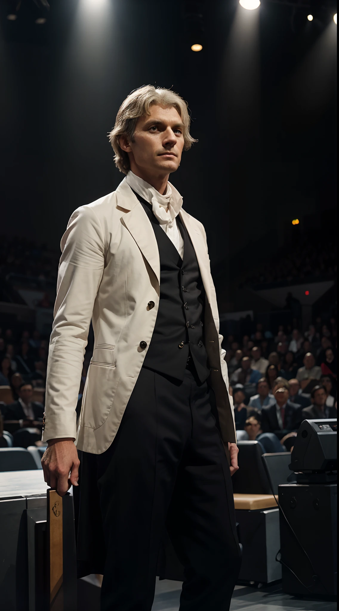 Thomas Jefferson on a stage in a modern arena and modern attire inspiring a crowd with the mantra of If you want something you've never had, you must be willing to do something you've never done