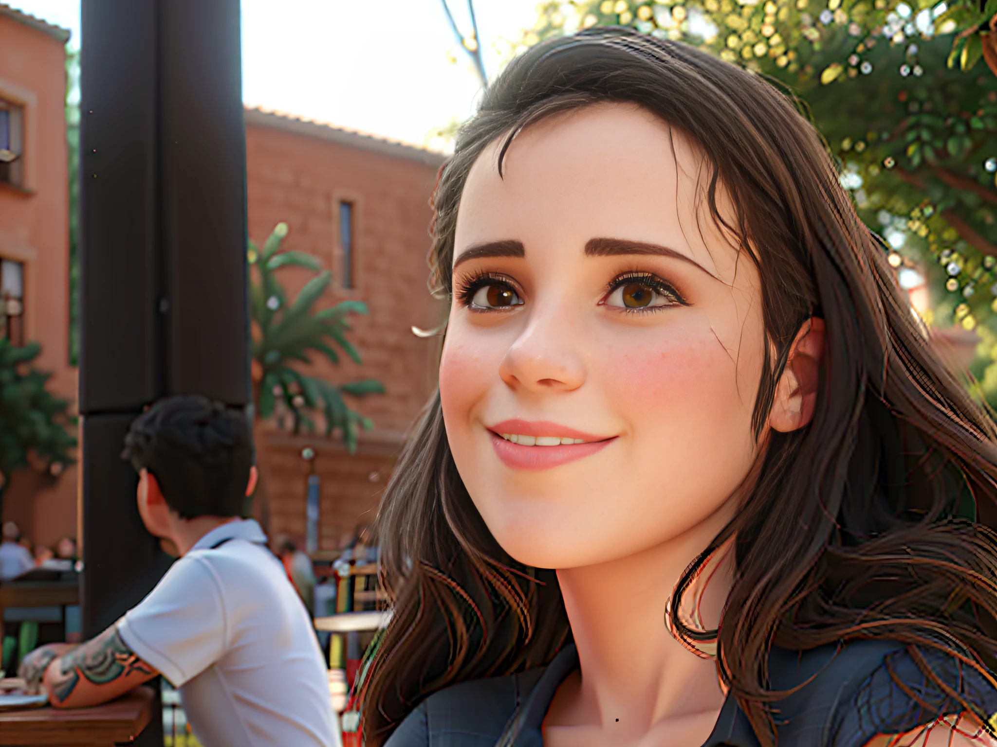 Beautiful Brazilian woman sitting and drinking coffee outside on the side of the street in a small café, beautiful face, Short black hair down to the nape of her neck with brown eyes and heavy eyeshadow, Wearing jeans and a black polo shirt, grande estilo de moda, looking at you with loving eyes and a soft smile, Background is a European city of the city center, fundo desfocado, profundidade de campo rasa, Cinematic light, luz suave, retroiluminado, micro-detalhes, renderizado, fotorrealista, cinemactic, 85mm 1.4