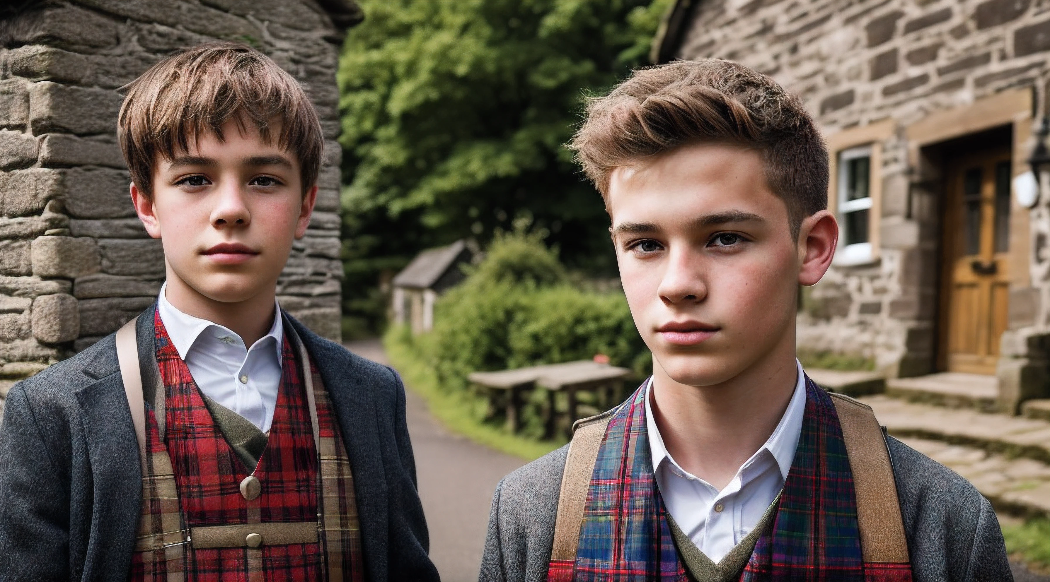 "(((Young man from a Scottish village))) - A compelling photorealistic photograph capturing the charm and essence of a young person in a picturesque Scottish village. The image should be in high resolution (8K) to showcase every detail of the young individual's traditional Scottish attire and the natural beauty of the village surroundings. Use a 70mm lens to focus on the young person while also capturing the scenic landscape.

The lighting should evoke the soft glow of the Scottish countryside, adding warmth to the young person's expression. The camera shot should be a medium close-up, allowing the viewer to connect with the youth and the serene environment.

Take inspiration from portrait photographers known for their ability to capture the authenticity and character of individuals in cultural settings. The goal is to create a visually captivating photograph that celebrates the spirit of a young person in a Scottish village."