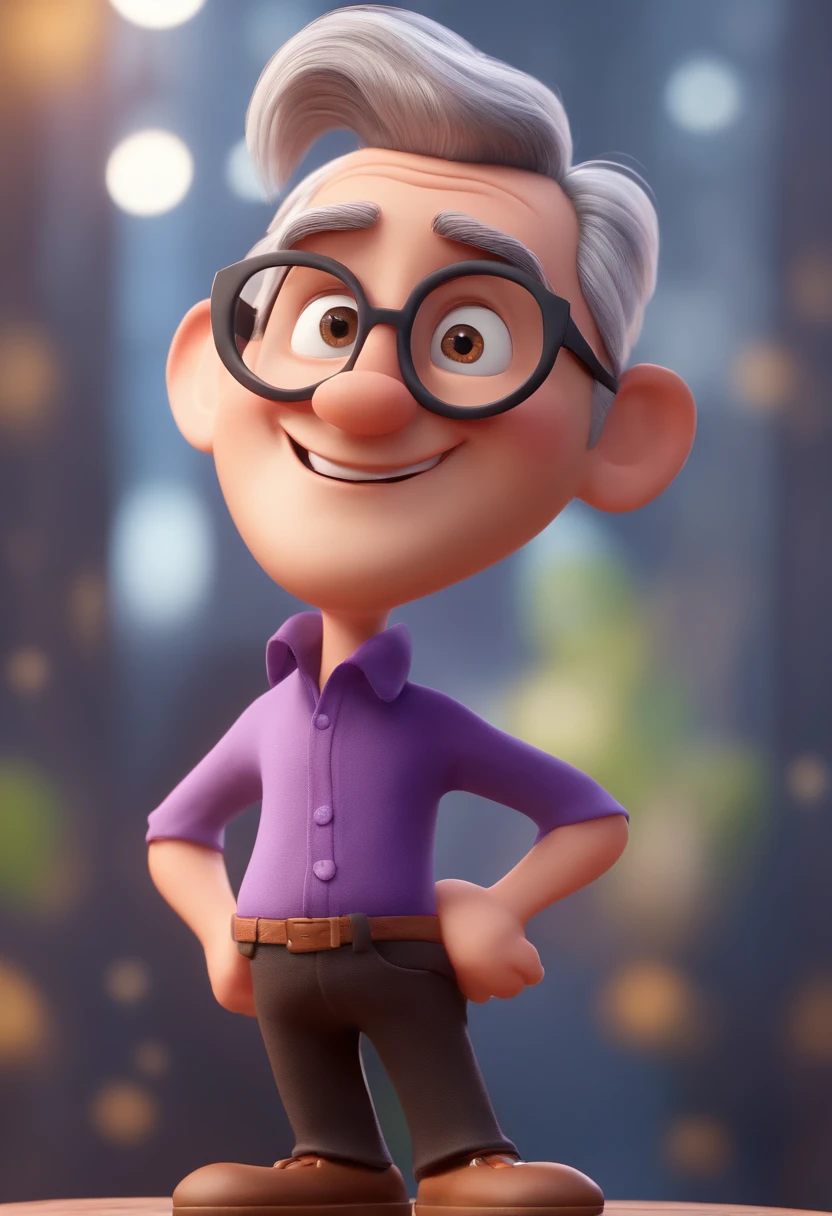 Cartoon character of a short man with black glasses, straight slightly gray hair and a purple shirt, with arms open, animation character, Stylized character, animation style rendering, 3D stylized, Arnold Maya render, 3 d render stylized, toon render keyshot, 3D Character, 3D Character, 3d rendering stylized, 3 d character render, cartoon character, Close up character, Character pose, (Pixar Style) (master part:1.2) (Bokeh) (best quality) (detailed skin) (detailed texture) (8k) (clay) (Cinematic lighting) (sharp focus