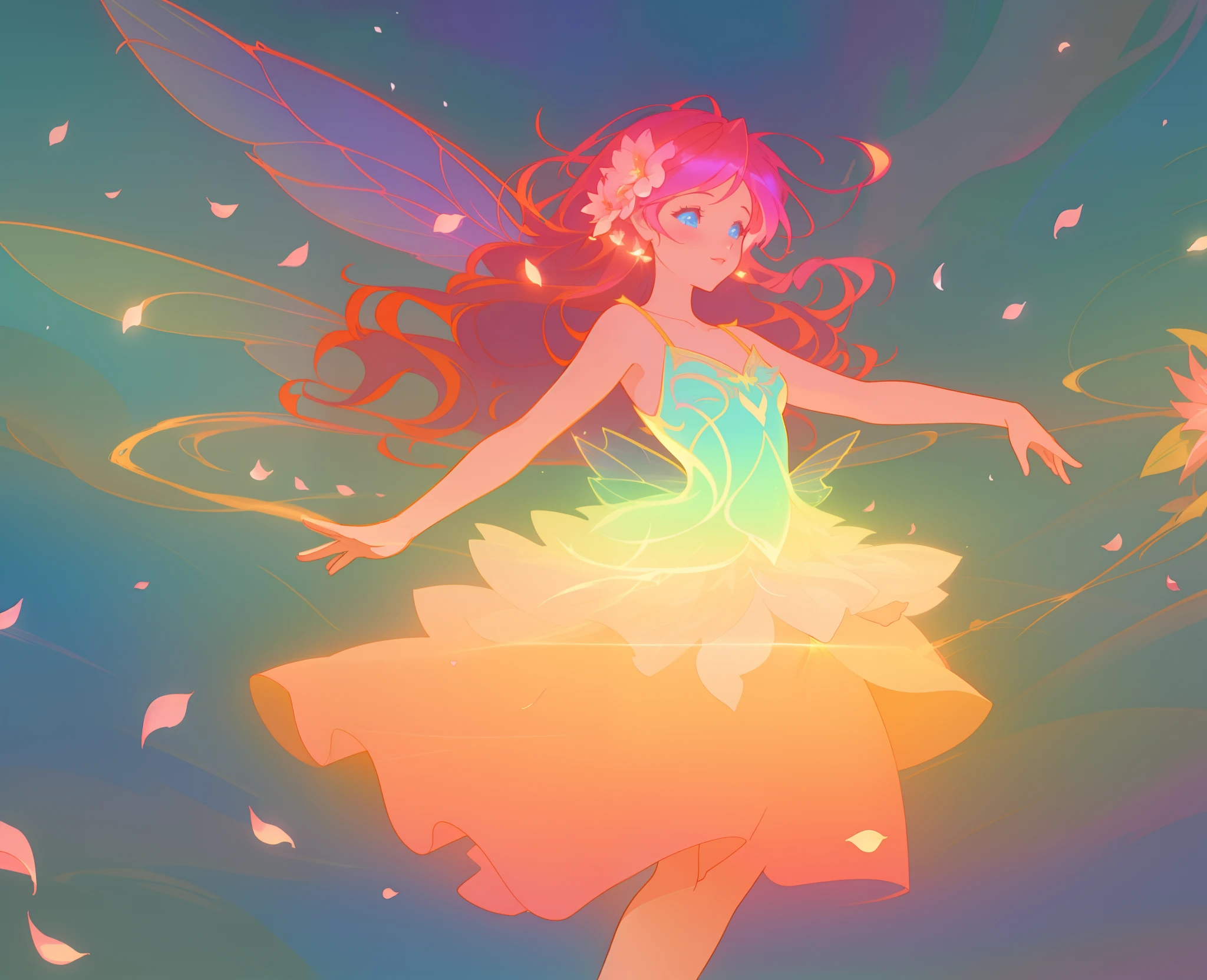 beautiful girl in tiered gradient ballgown dress, gradient warm color ballgown, ((layered flower petal skirt)), fairy dress, fairy queen, magical forest background, (glowing fairy wings), glowing flowing ballgown, long wavy hair, sparkling fairy wings, watercolor illustration, flowers and colorful plants, inspired by Glen Keane, inspired by Lois van Baarle, disney art style, by Lois van Baarle, glowing aura around her, by Glen Keane, jen bartel, glowing lights! digital painting, flowing glowing hair, glowing flowing hair, beautiful digital illustration, fantasia otherworldly landscape plants flowers, beautiful, masterpiece, best quality, anime disney style