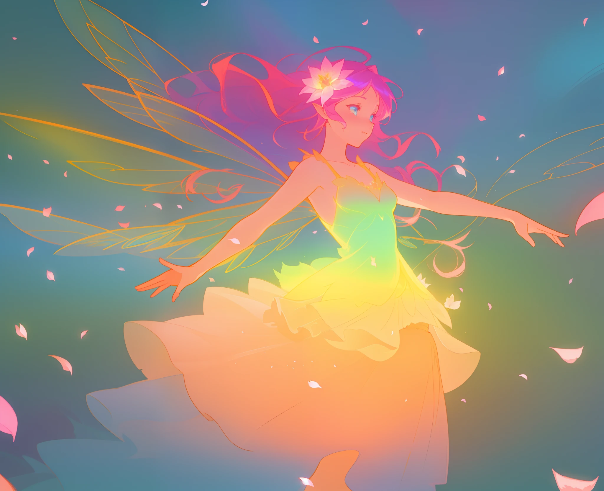 beautiful girl in tiered gradient ballgown dress, gradient warm color ballgown, ((layered flower petal skirt)), fairy dress, fairy queen, magical forest background, (glowing fairy wings), glowing flowing ballgown, long wavy hair, sparkling fairy wings, watercolor illustration, flowers and colorful plants, inspired by Glen Keane, inspired by Lois van Baarle, disney art style, by Lois van Baarle, glowing aura around her, by Glen Keane, jen bartel, glowing lights! digital painting, flowing glowing hair, glowing flowing hair, beautiful digital illustration, fantasia otherworldly landscape plants flowers, beautiful, masterpiece, best quality, anime disney style