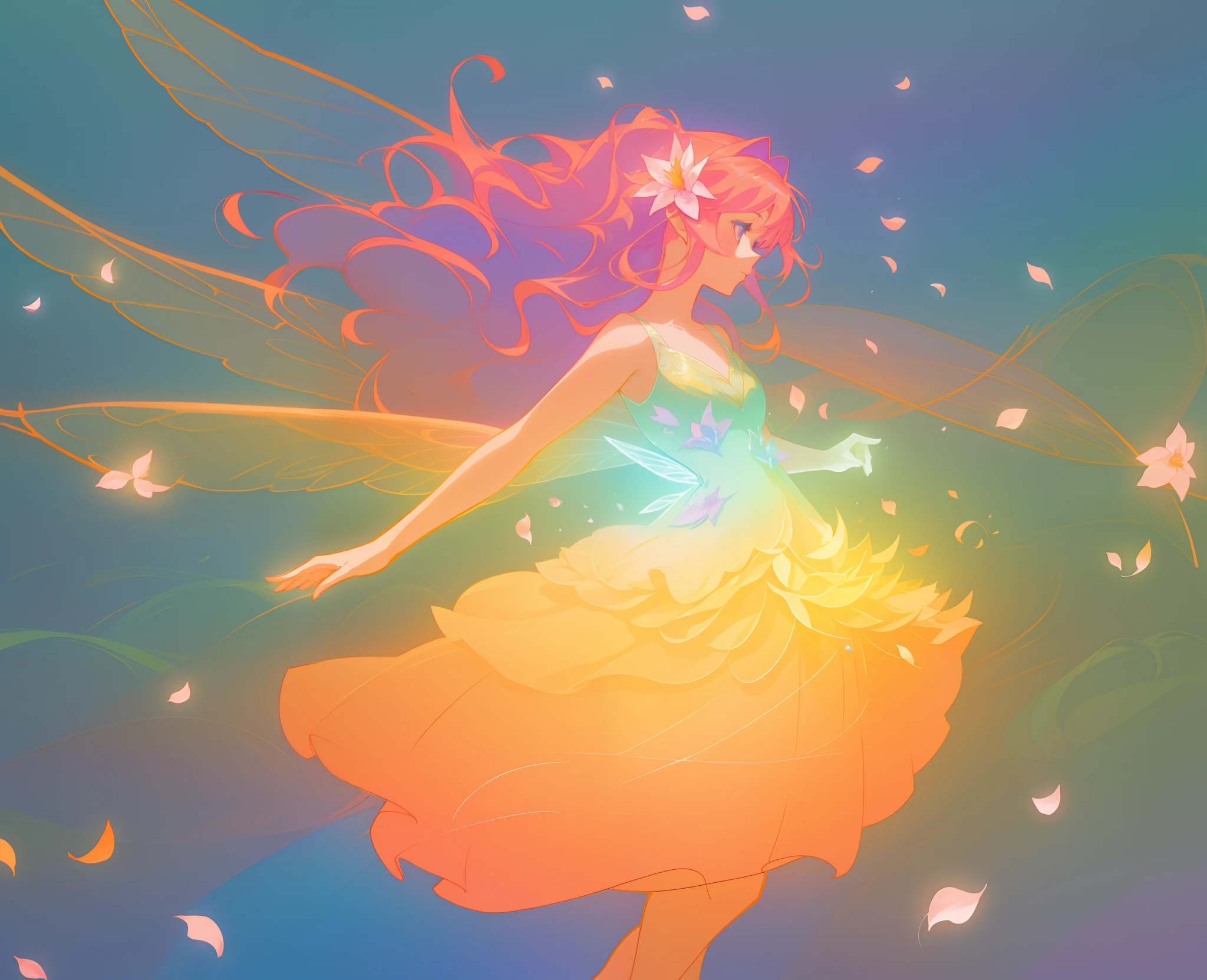 beautiful girl in tiered gradient ballgown dress, gradient warm color ballgown, ((layered flower petal skirt)), fairy dress, fairy queen, magical forest background, (glowing fairy wings), glowing flowing ballgown, long wavy hair, sparkling fairy wings, watercolor illustration, flowers and colorful plants, inspired by Glen Keane, inspired by Lois van Baarle, disney art style, by Lois van Baarle, glowing aura around her, by Glen Keane, jen bartel, glowing lights! digital painting, flowing glowing hair, glowing flowing hair, beautiful digital illustration, fantasia otherworldly landscape plants flowers, beautiful, masterpiece, best quality, anime disney style