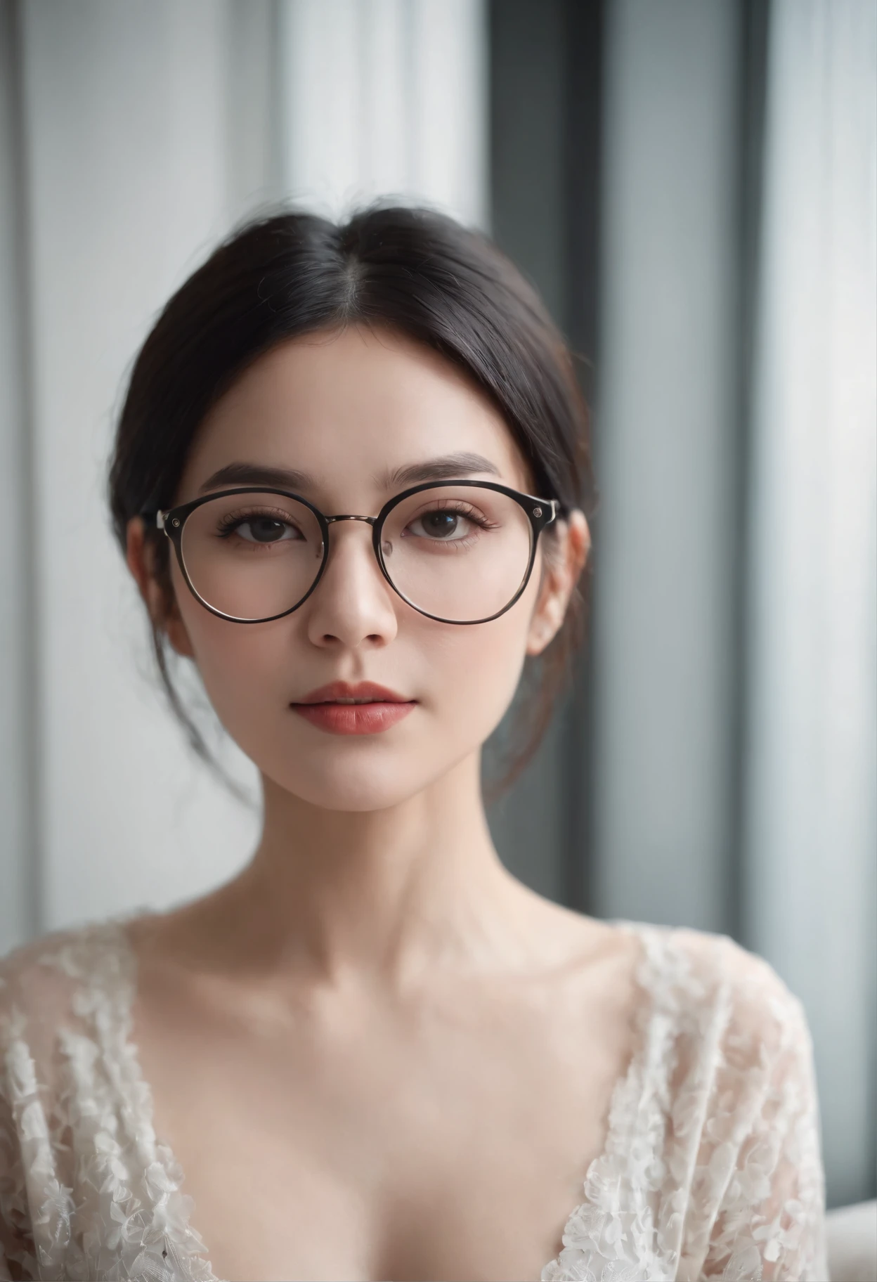 Raw photo, Full body photo of Cecilia Deo 1SD,Black hair, Long Pixie Haircut, pale skin, Slim body, background at room, s Pajamas,eye glasses, (High detailed skin:1.2), 8K UHD, Digital SLR, Soft lighting, High quality, Film grain, FUJI XT3