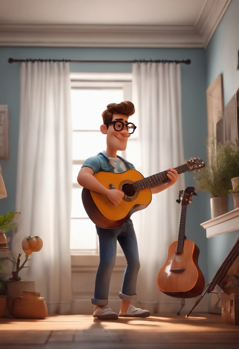 crie um banner no estilo Pixar. Um homem , branco com cabelos curtos, Castanhos escuros, Tuft and black square glasses, homem na casa dos 38, usando uma camiseta, Wearing jeans and holding a classical guitar.