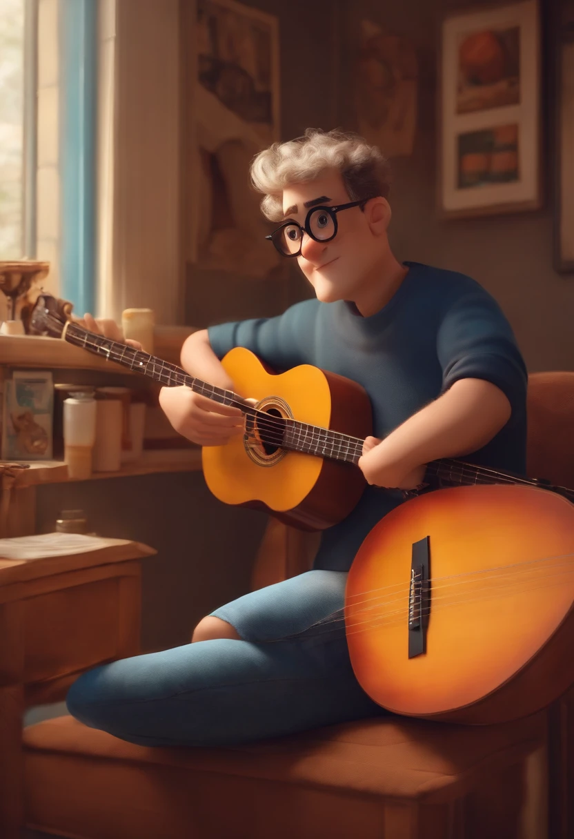 crie um banner no estilo Pixar. Um homem , branco com cabelos curtos, Castanhos escuros, Tuft and black square glasses, homem na casa dos 38, usando uma camiseta, Wearing jeans and holding a classical guitar.