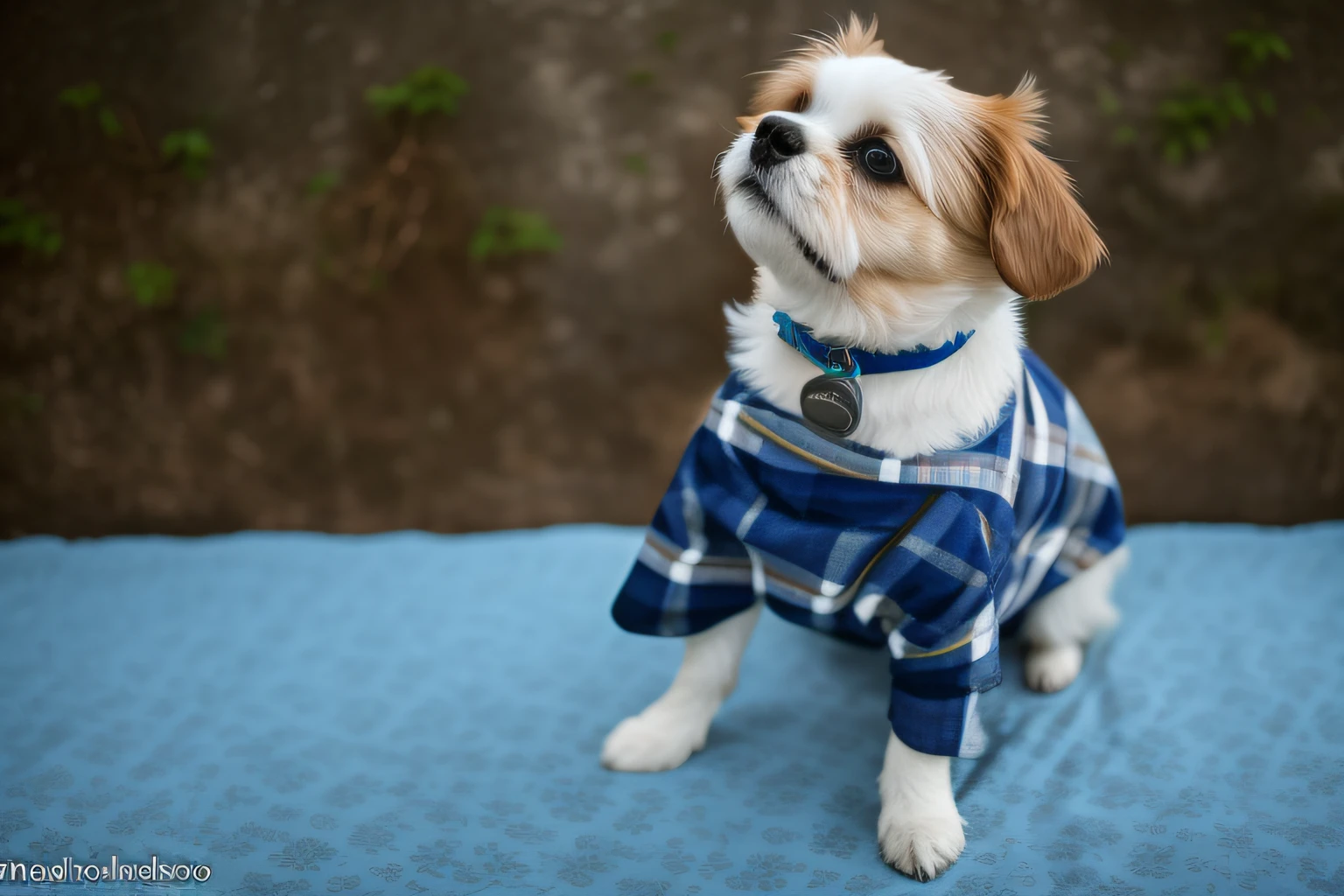 Arafed dog wearing a blue and white plaid shirt sitting on a blue ...