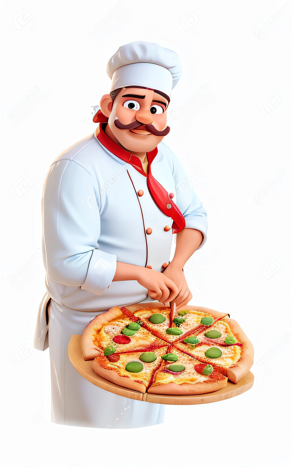 Pizza Chef in a hat, com bigode, segurando uma pizza estilo pixar, sorrindo, bigode detalhado, corpo com detalhes, rosto bonito, olhos detalhados, detailed hands, sorriso detalhado com dentes e labios, um restaurante de fundo
