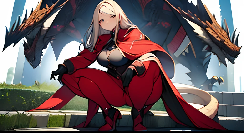 Mature woman, squatting with one knee touching ground, looking at the viewer, medieval high society woman, two dragons in background, like an action pose, masterpiece, best quality, highres