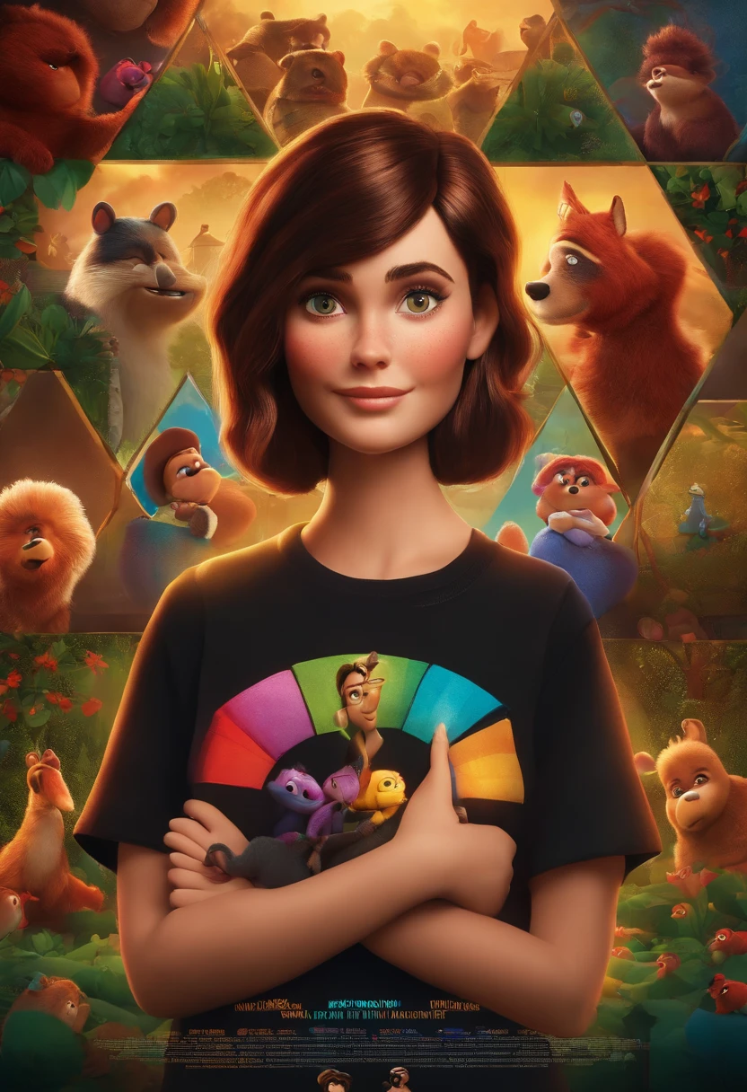 filme Marketing 2023 estilo filmes Pixar, Com nome "N - Marketing", poster, With short, lighter brunette hair and a black t-shirt in front of her crossed arms.