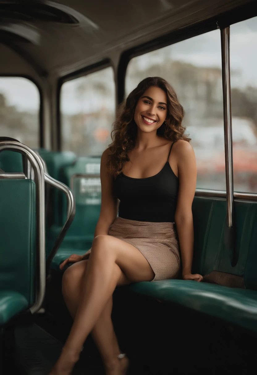 1girl, 25 anos, cara bonita, Latim, vestindo uma camiseta branca transparente molhada cropped sob o peito, minissaia vermelha, no-bra, fazendo contato visual com o espectador, deitado no banco, Bus attendant with a friendly smile, Full body view showing legs
, She's smiling as she sits on the back of a bus seat chair, 1girl, sozinho, brown hair, sorrir, Realistic, sorriso