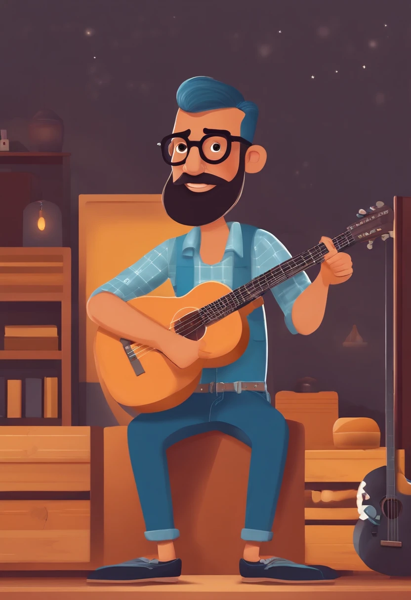 crie um banner no estilo Pixar. Um homem , branco com cabelos curtos e barba, Castanhos escuros, Tuft and black square glasses, homem na casa dos 38, usando uma camiseta, Wearing jeans and holding a classical guitar.