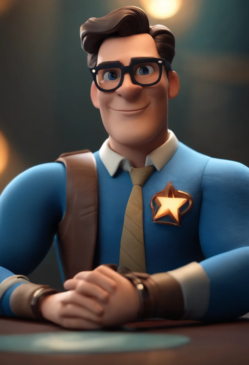 Cartoon character of a man wearing black glasses and a blue shirt, um personagem animado, Caractere estilizado, animation style rendering, 3D estilizado, Arnold Maya render, 3 d render stylized, toon render keyshot, Personagem 3D, Personagem 3D, 3d rendering stylized, 3 d character render, personagem de desenho animado, Personagem de close up, Pose de personagem, (Estilo Pixar) (master part:1.2) (Bokeh) (best quality) (pele detalhada) (textura detalhada) (8k) (argila) (Cinematic lighting) (foco nítido,Senta e vaza a parte superior do corpo