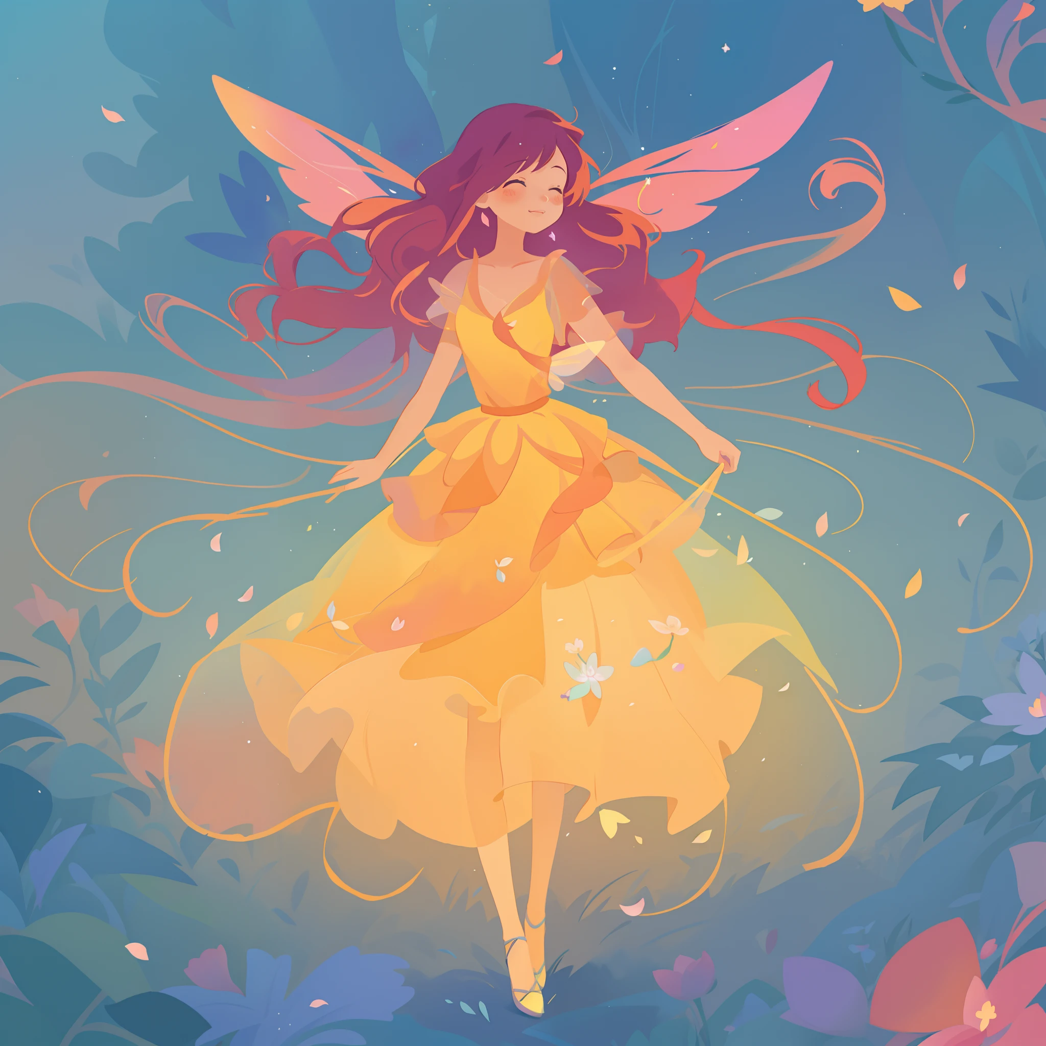 beautiful girl in tiered gradient ballgown dress, gradient warm color ballgown, ((layered flower petal skirt)), fairy dress, fairy queen, magical forest background, (glowing fairy wings), glowing flowing ballgown, long wavy hair, sparkling fairy wings, watercolor illustration, flowers and colorful plants, inspired by Glen Keane, inspired by Lois van Baarle, disney art style, by Lois van Baarle, glowing aura around her, by Glen Keane, jen bartel, glowing lights! digital painting, flowing glowing hair, glowing flowing hair, beautiful digital illustration, fantasia otherworldly landscape plants flowers, beautiful, masterpiece, best quality, anime disney style