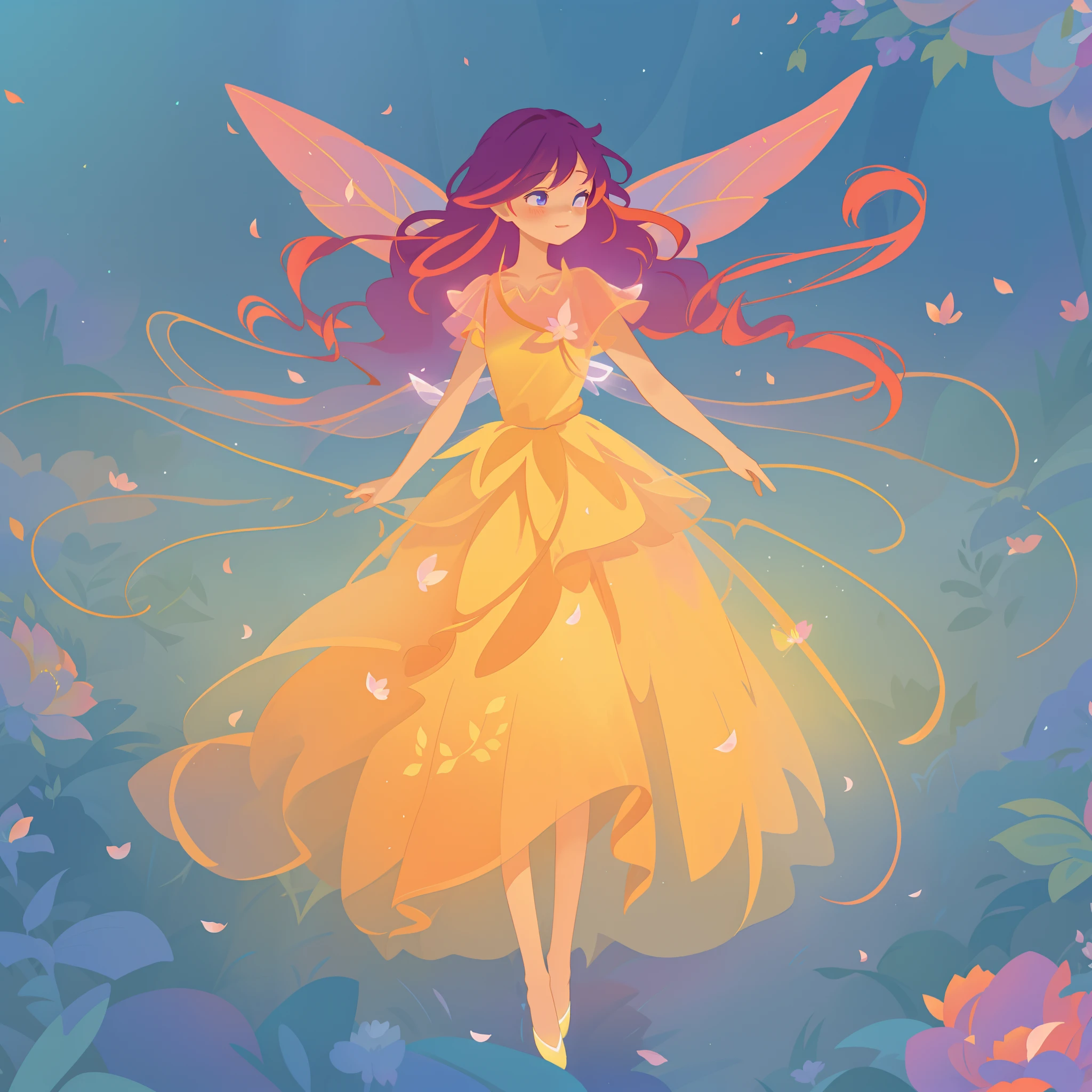 beautiful girl in tiered gradient ballgown dress, gradient warm color ballgown, ((layered flower petal skirt)), fairy dress, fairy queen, magical forest background, (glowing fairy wings), glowing flowing ballgown, long wavy hair, sparkling fairy wings, watercolor illustration, flowers and colorful plants, inspired by Glen Keane, inspired by Lois van Baarle, disney art style, by Lois van Baarle, glowing aura around her, by Glen Keane, jen bartel, glowing lights! digital painting, flowing glowing hair, glowing flowing hair, beautiful digital illustration, fantasia otherworldly landscape plants flowers, beautiful, masterpiece, best quality, anime disney style
